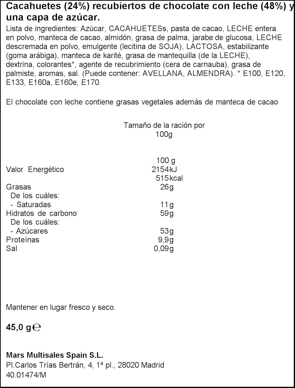 Chocolate cacahuete bolsa M&ms 45g