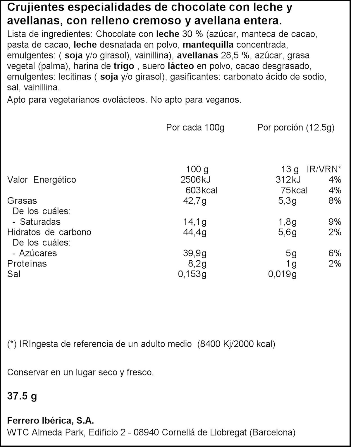 Bombon crujiente chocolate c/avellana Ferrero rocher 3u 37.5g