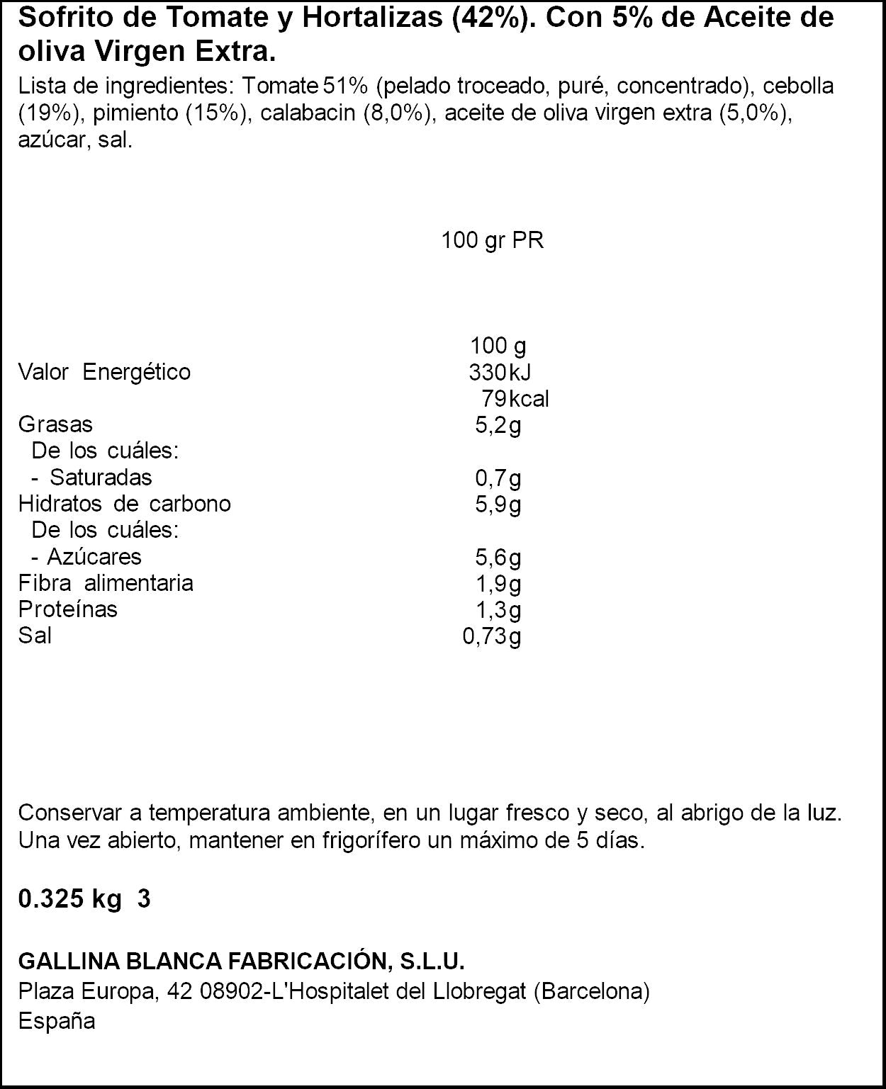 Sofrito tomate verduras cristal Gallina blanca 350g escurr