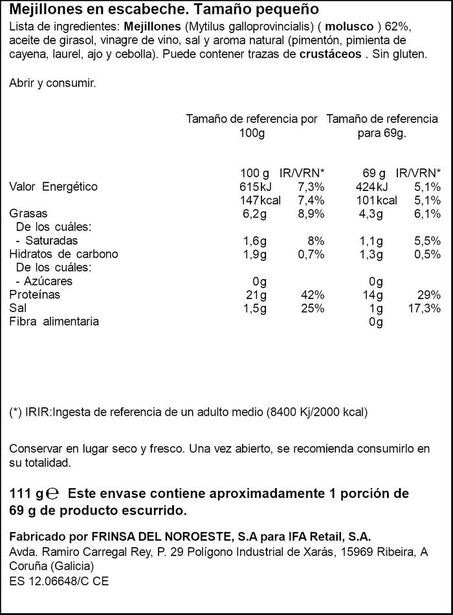 Mejillon de chile escabeche 13/18 ol120 Ifa eliges 69g escurr