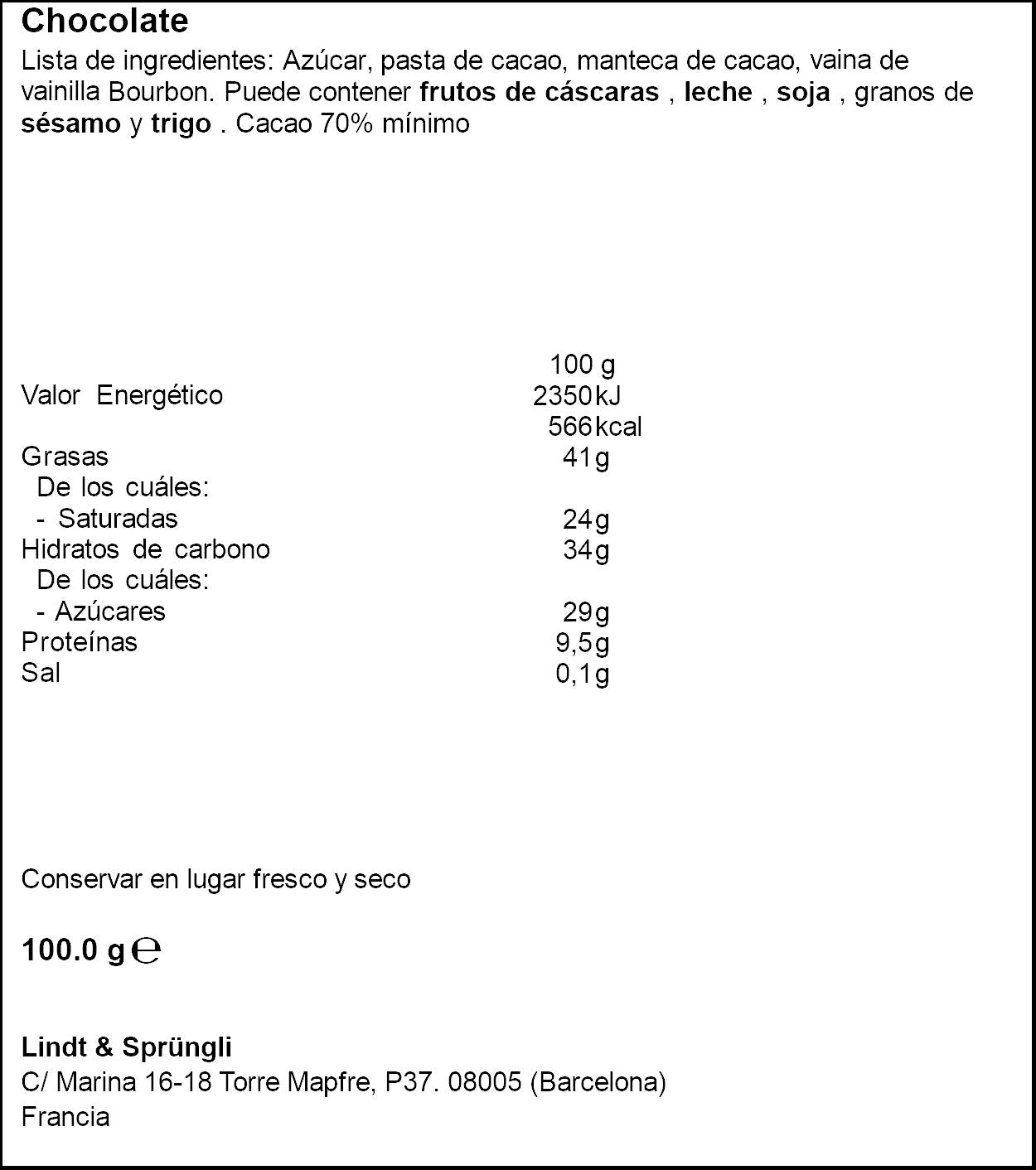 Chocolate negro 70% excellence Lindt 100g