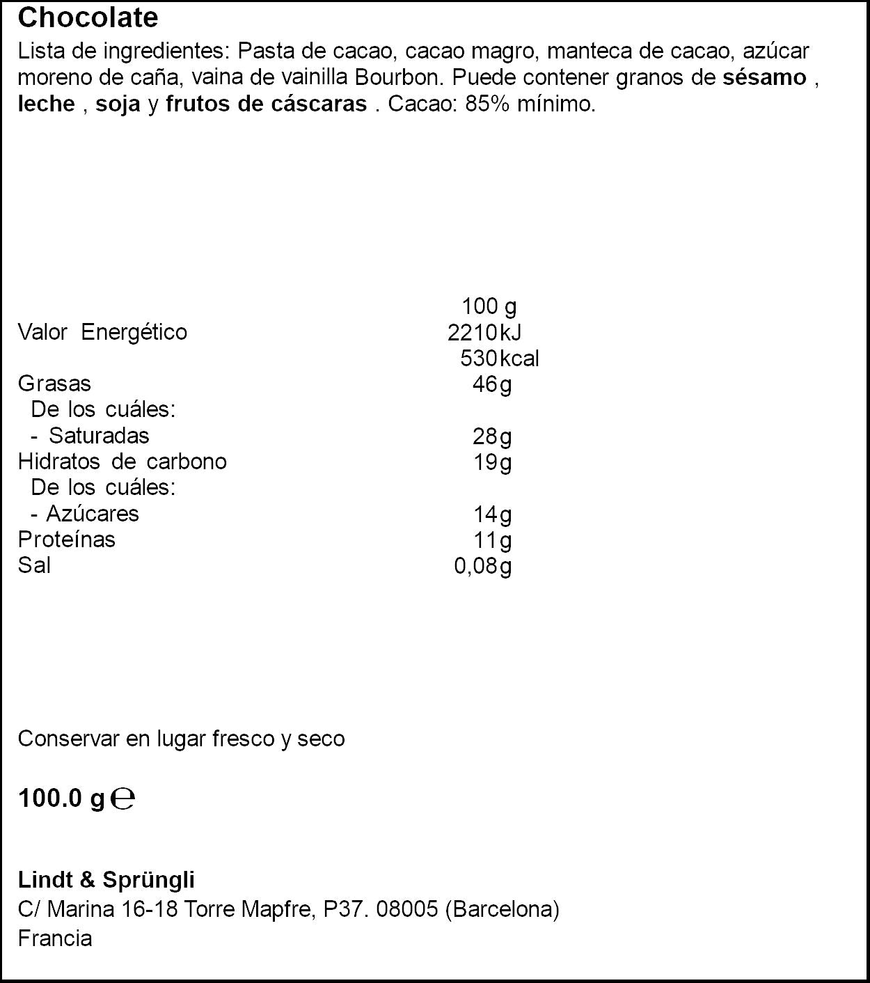 Chocolate negro 85% excellence Lindt 100g