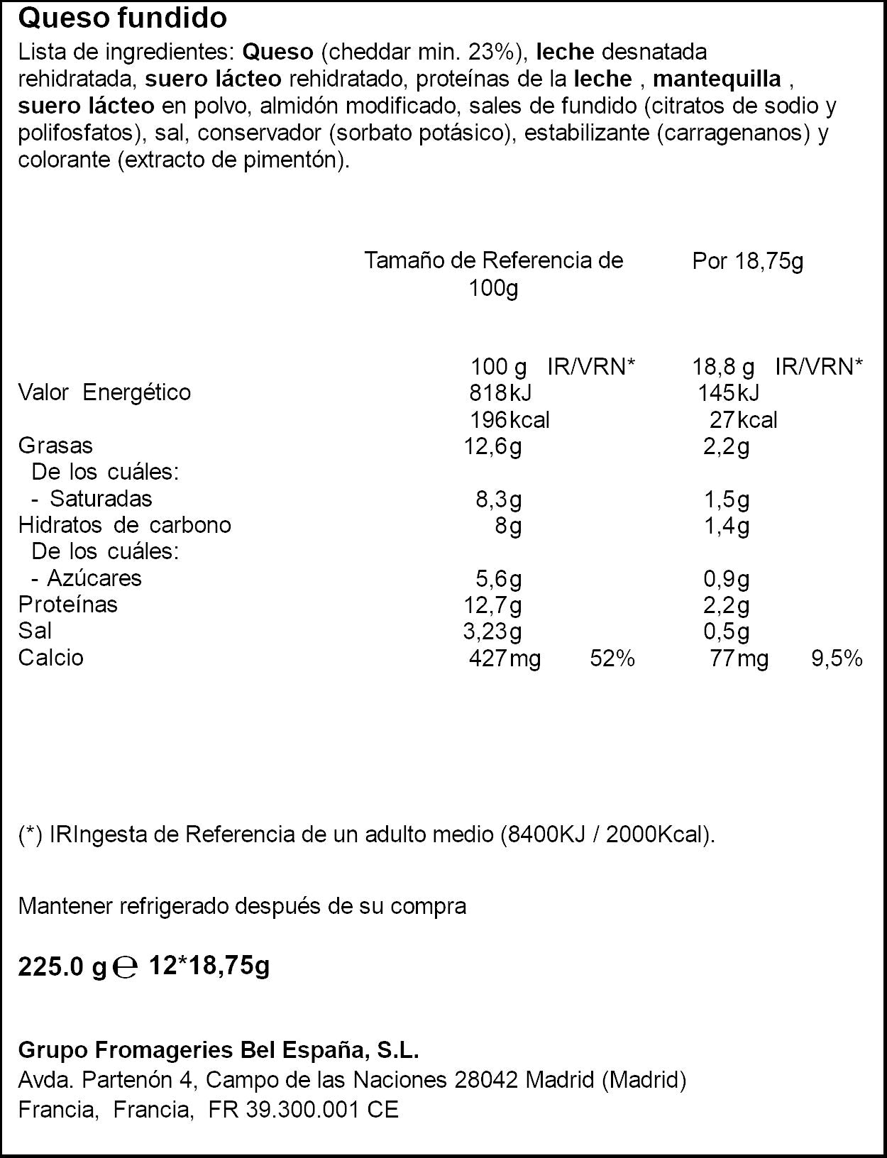 Queso fundido Cheddar 12 lonchas Tranchettes 225g