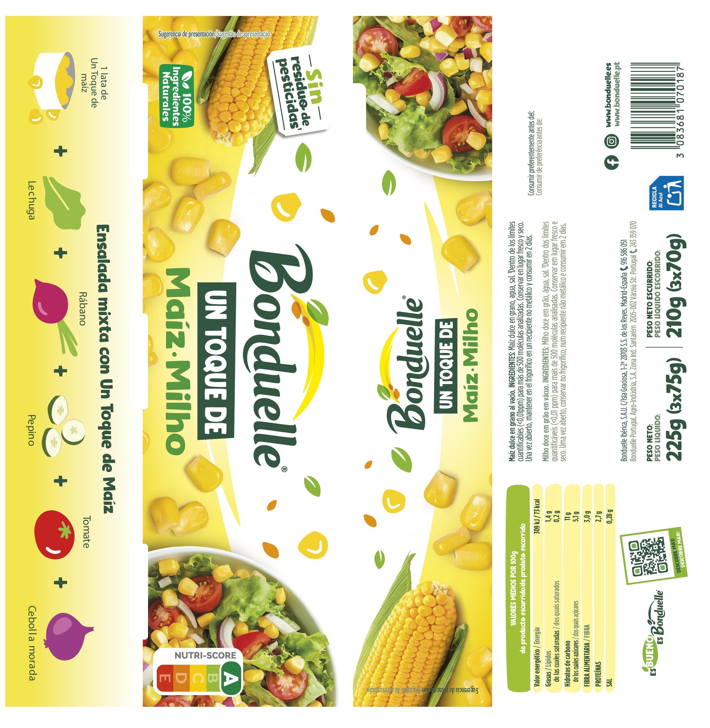 Maíz dulce grano lata Bonduelle p3 70g/u escurr