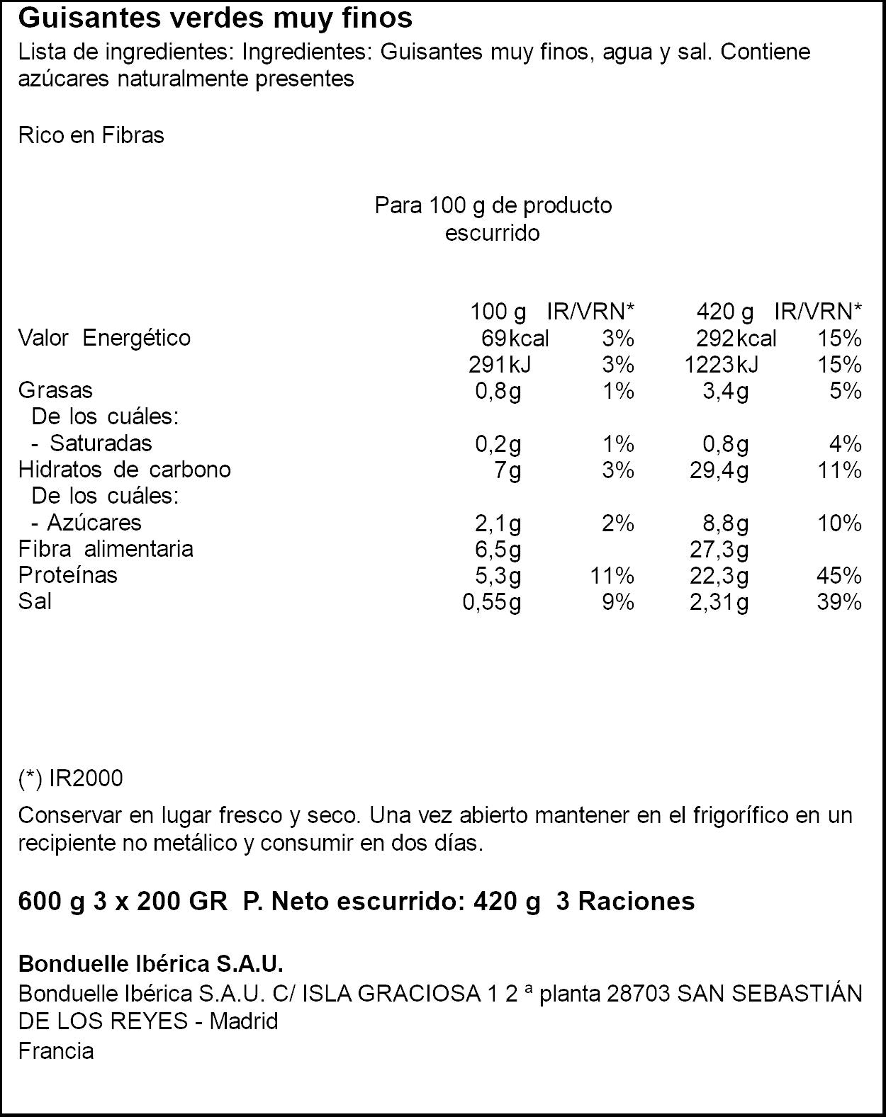 Guisante muy finos lata Bonduelle p3 420g escurr