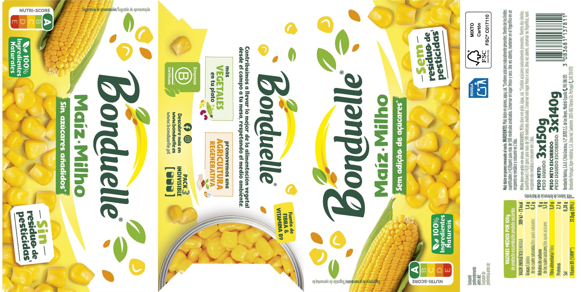 Maíz dulce grano s/azucares lata Bonduelle p3 140g/u escurr