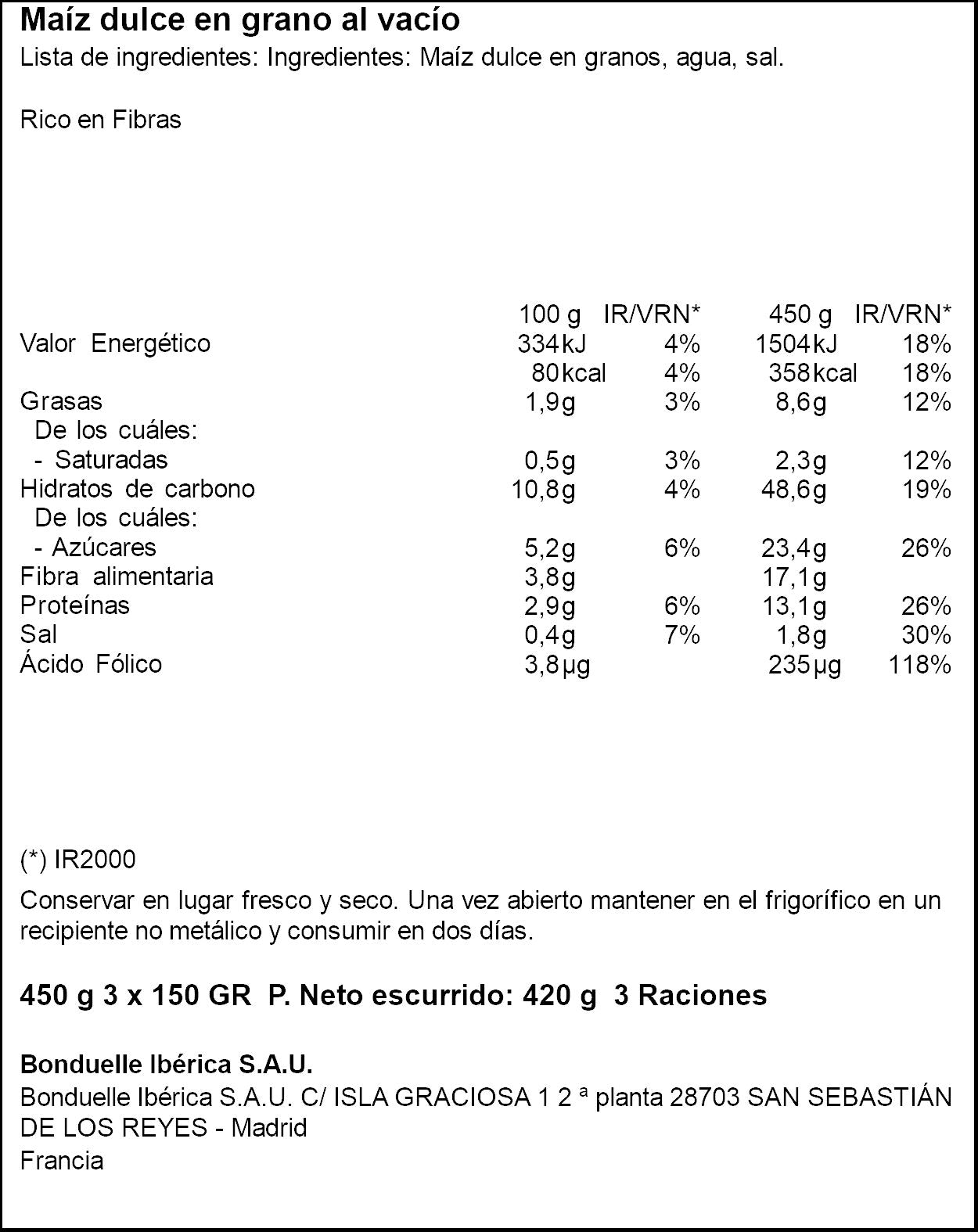 Maíz dulce grano s/azucares lata Bonduelle p3 140g/u escurr