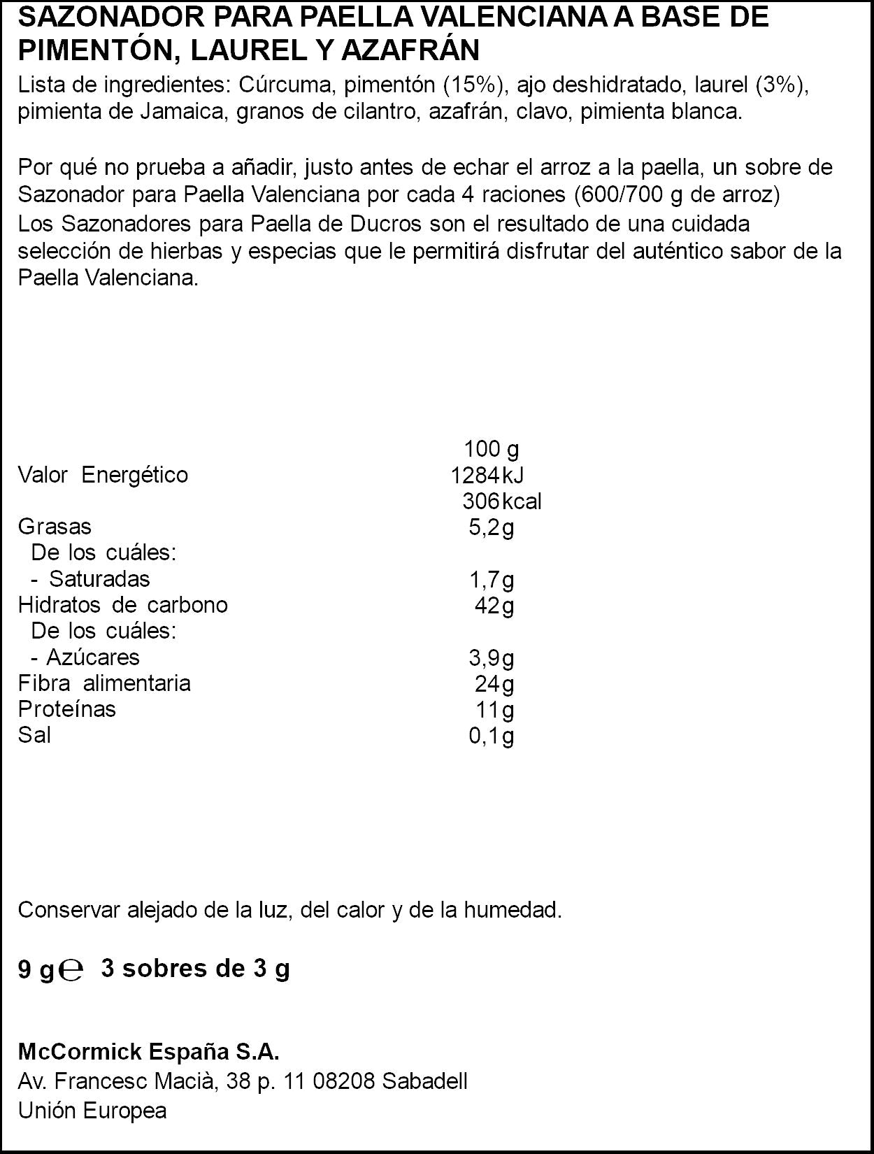 Sazonador paella valenciana Ducros 9g