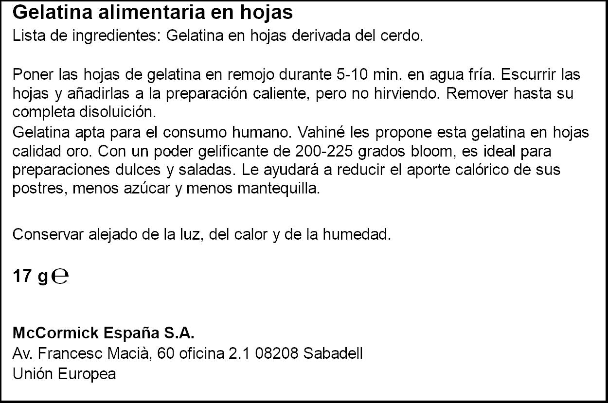 Gelatina alimentaria en hojas Vahiné 17g