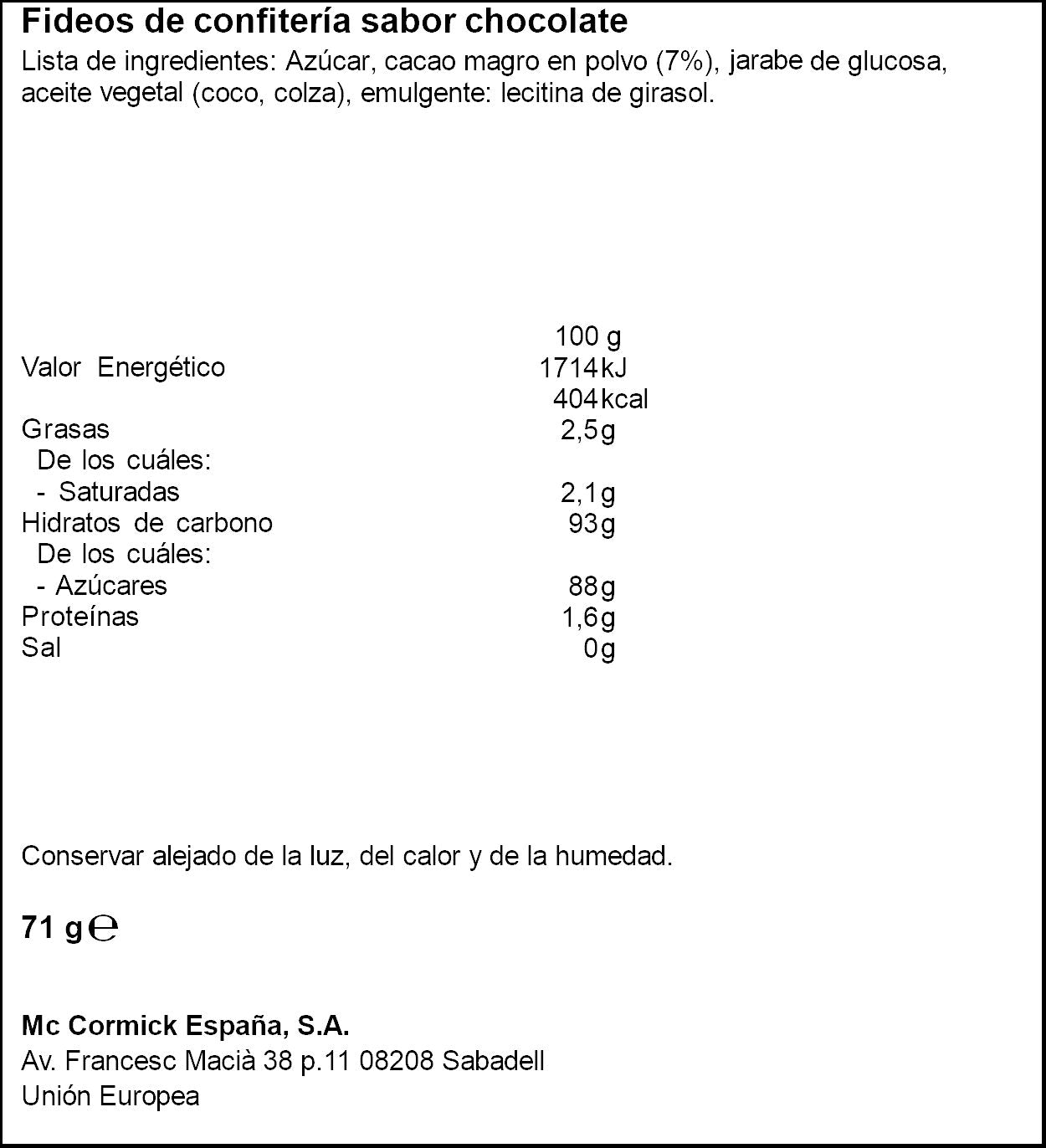 Decoración postres fideos cacao Vahiné 65g