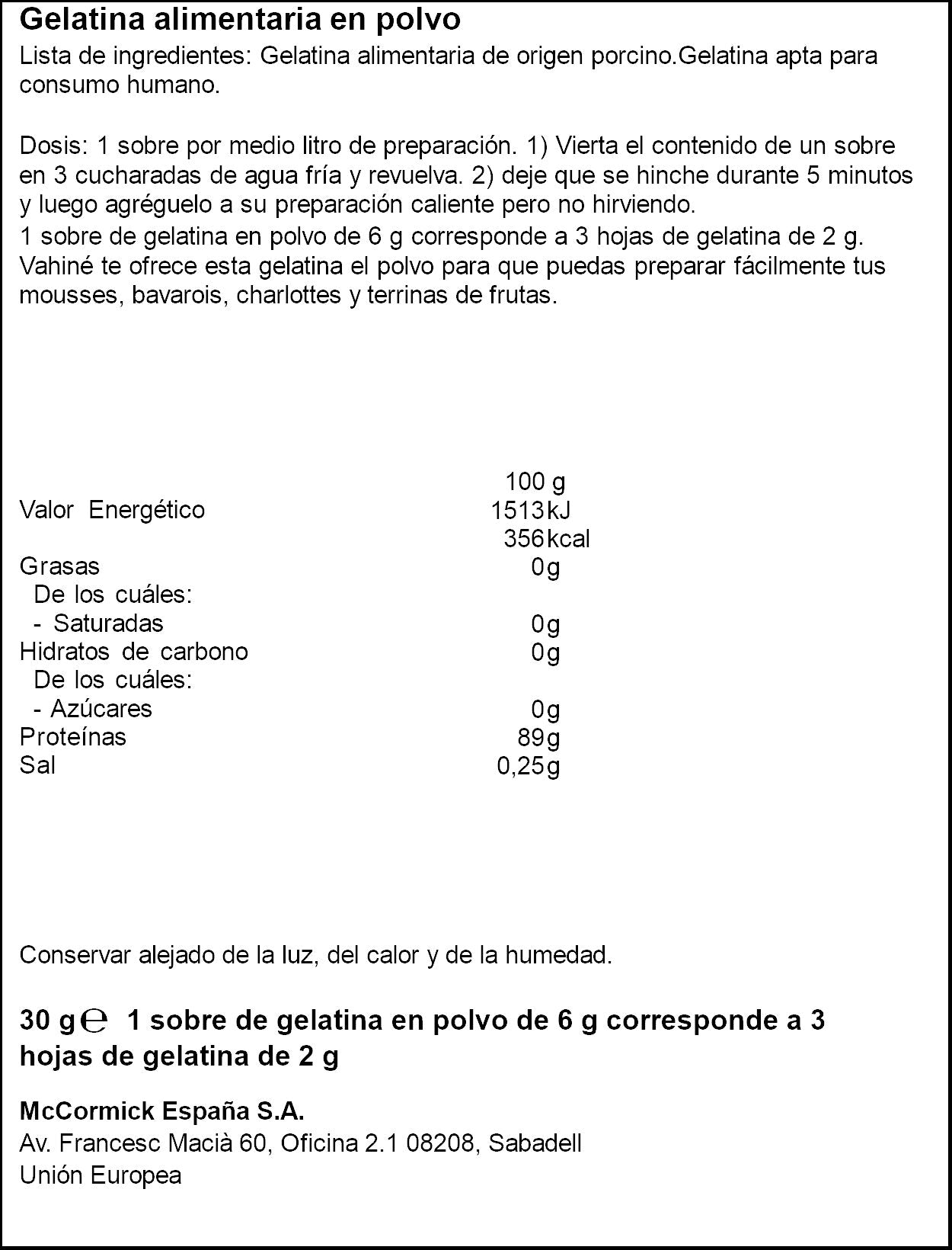 Gelatina en polvo Vahine 30g