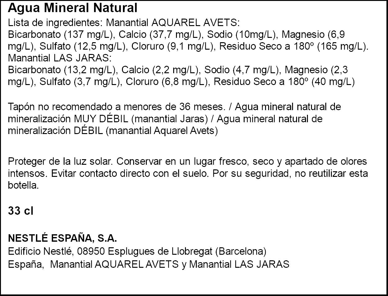Agua tapon sport Aquarel 33cl