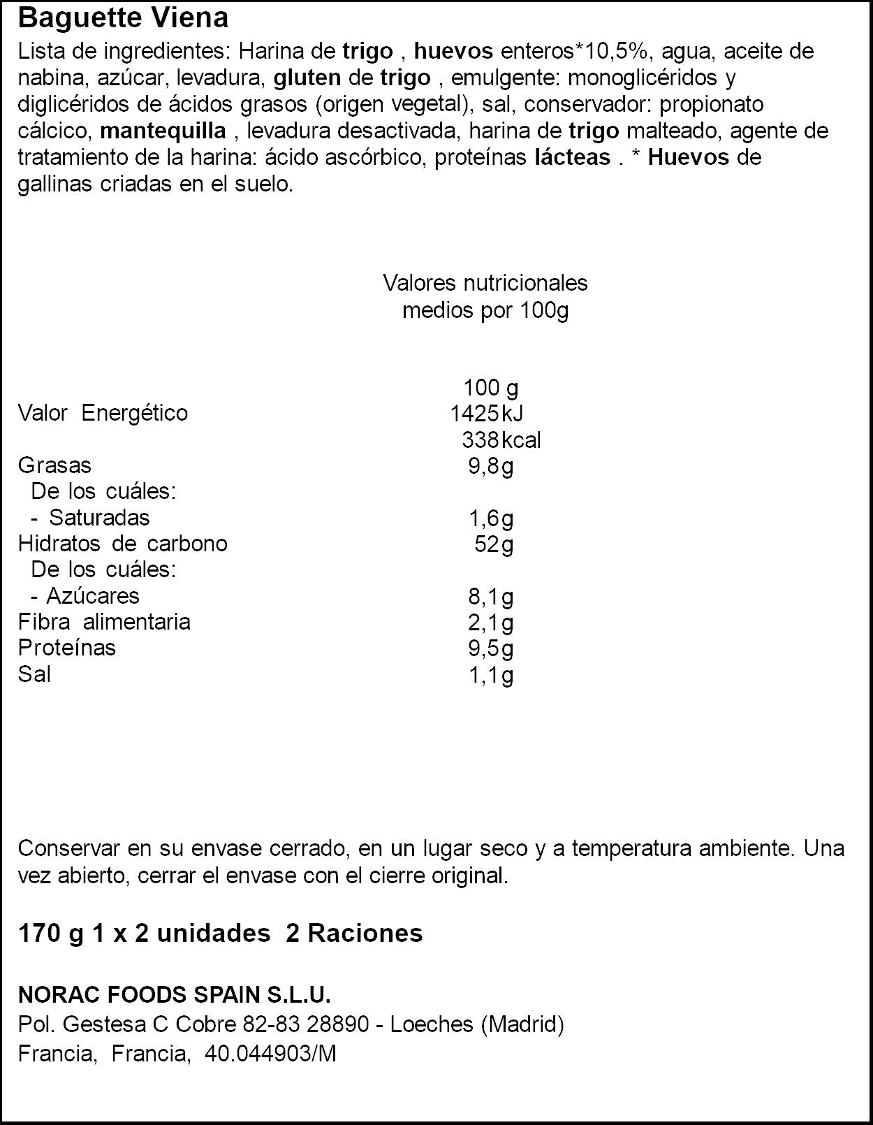 Baguette vienesas La boulangere p2 170g/u