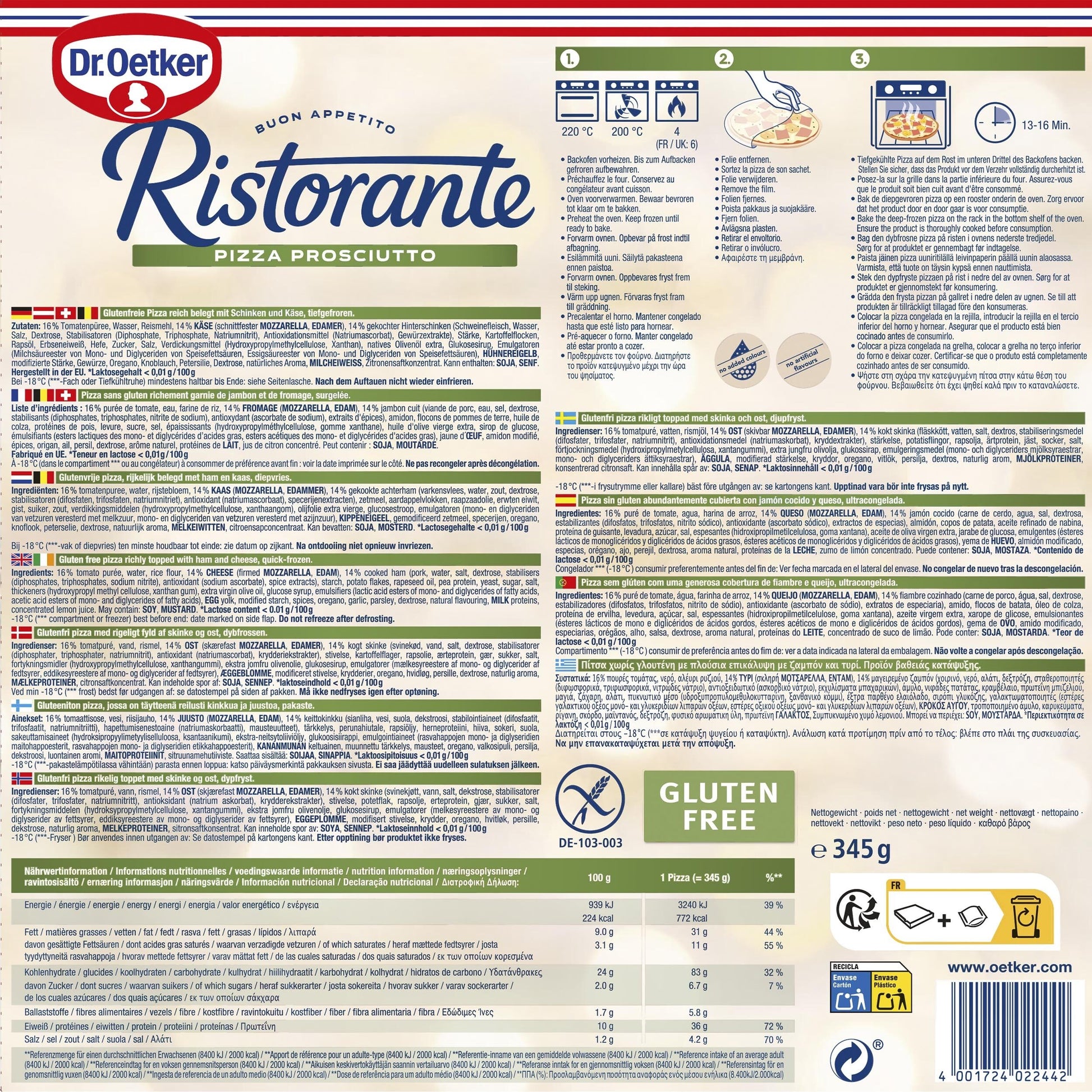 Pizza prosciutto s/gluten Dr oetker 345g