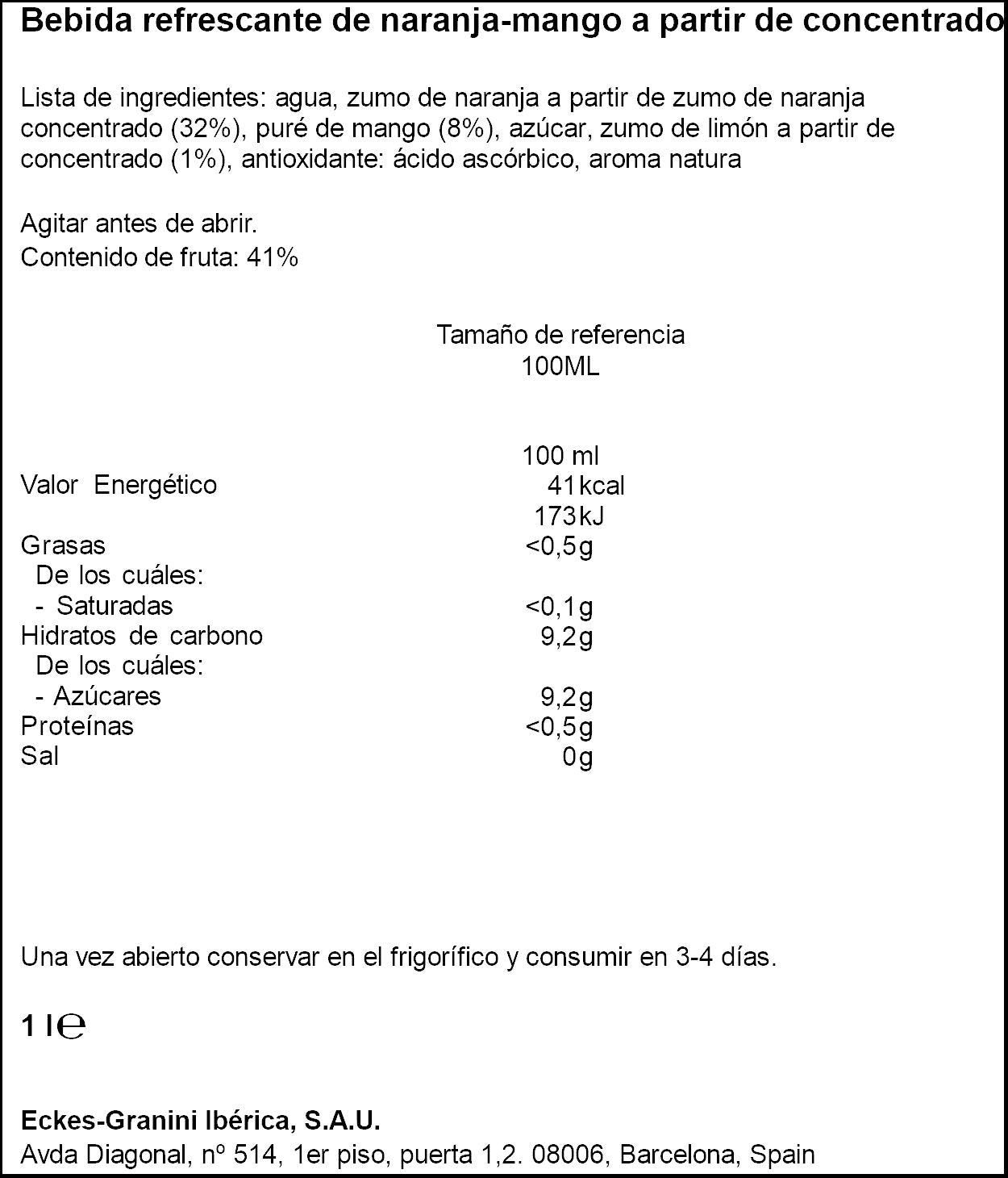 Bebida refresc zumo nara/mang c/azucar Granini 1l