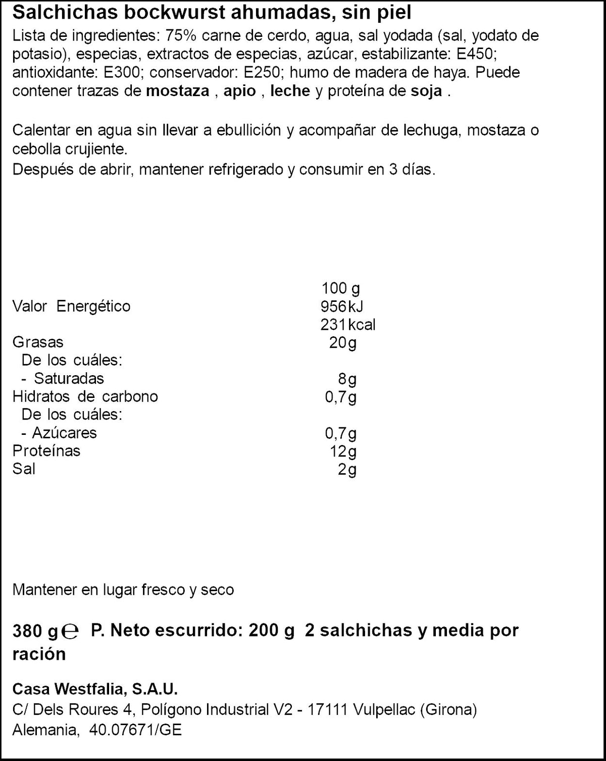 Salchichas bockwurst Westfalia 200g