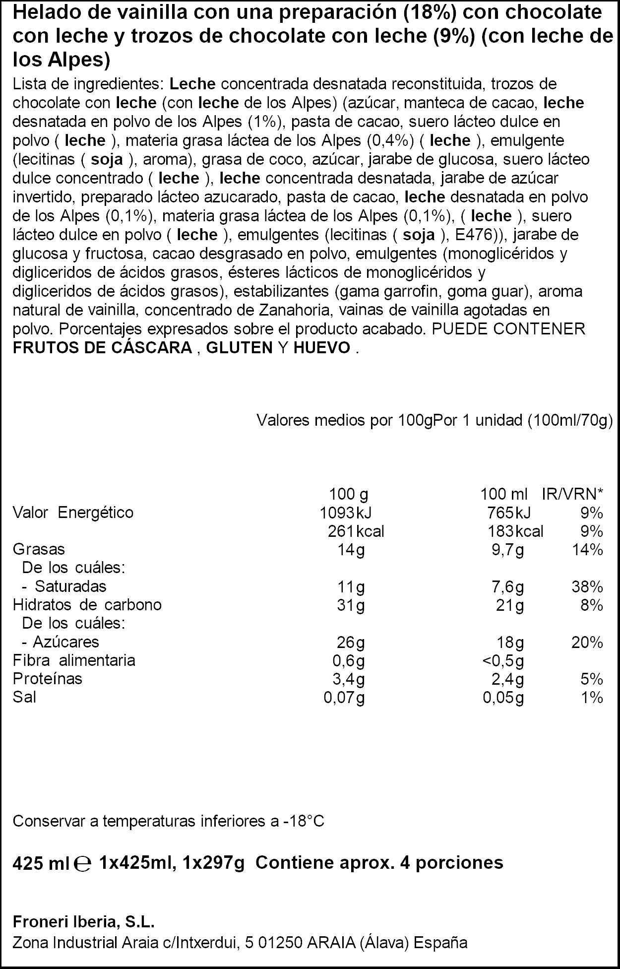 Tarrina vainilla y chocolate Milka 425ml