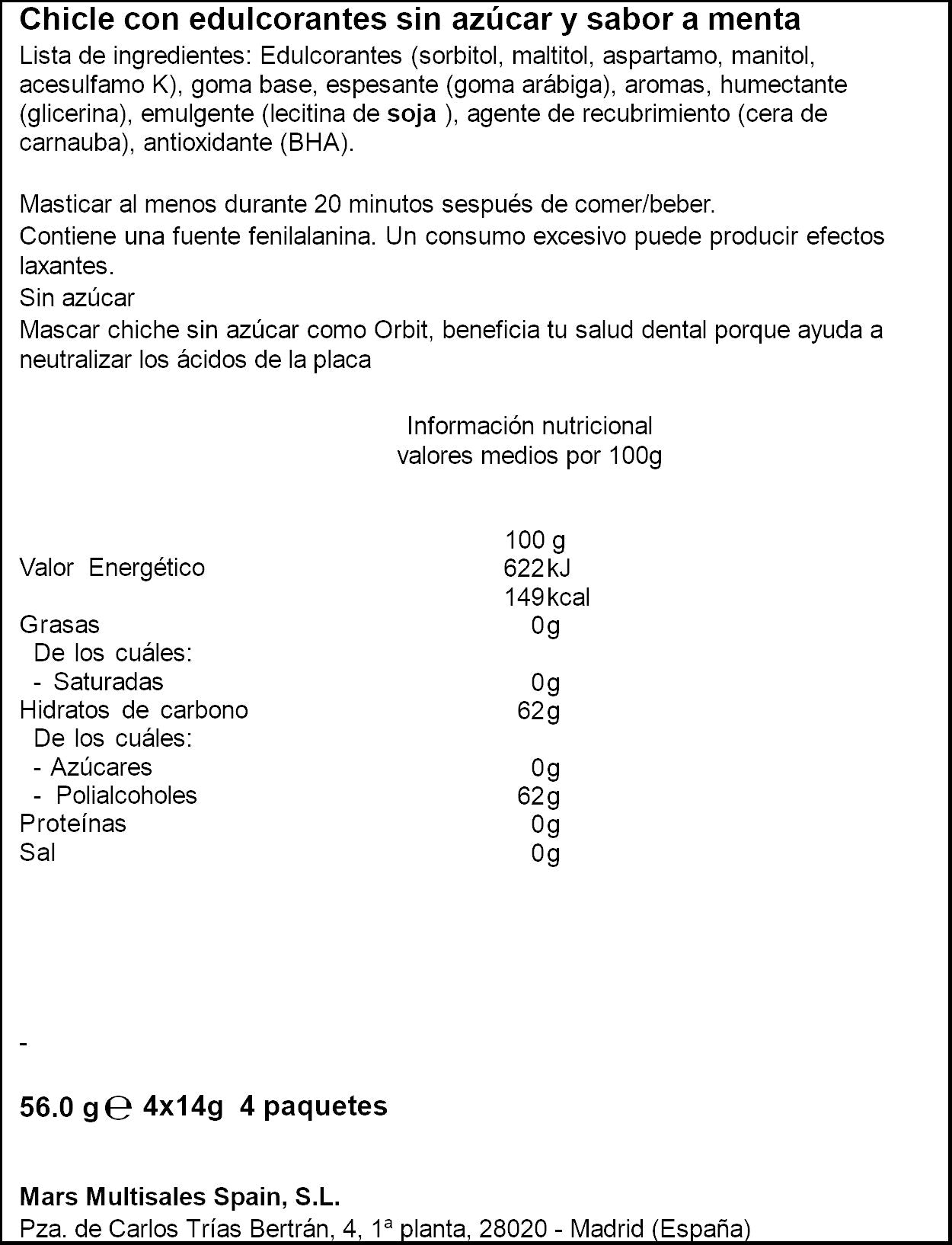Chicle menta s/az Orbit p4 56g