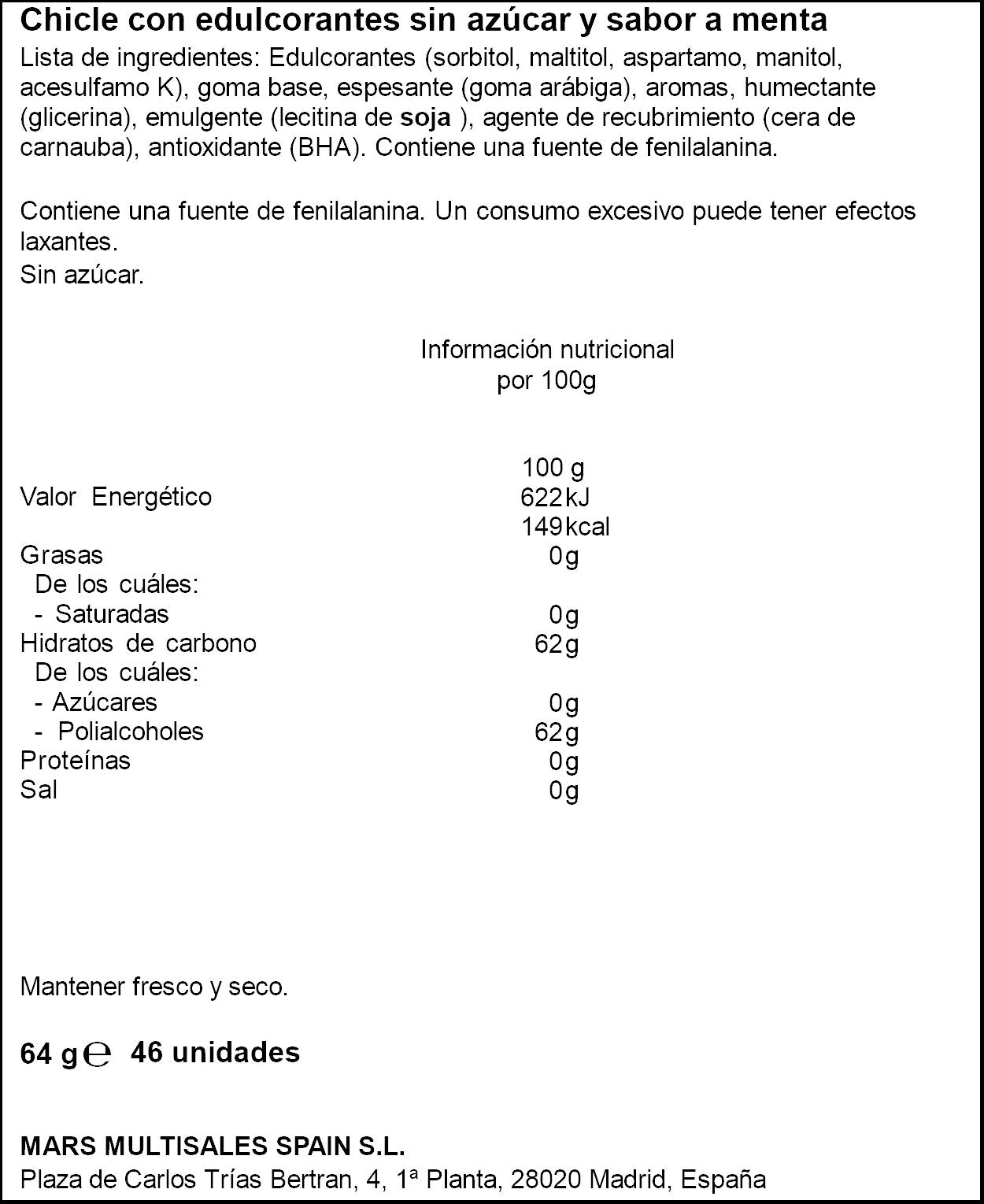 Chicle menta s/az bote Orbit 46u 64g