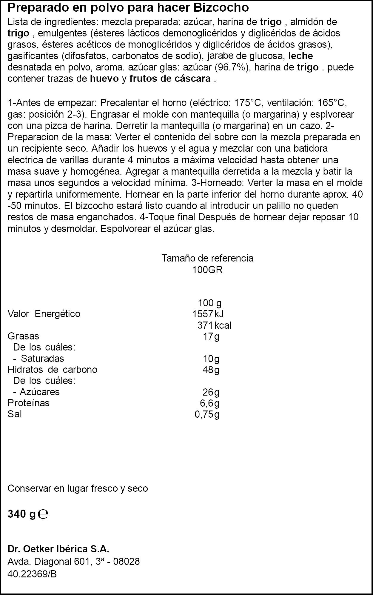 Preparado bizcocho extra esponjoso Dr oetker 340g