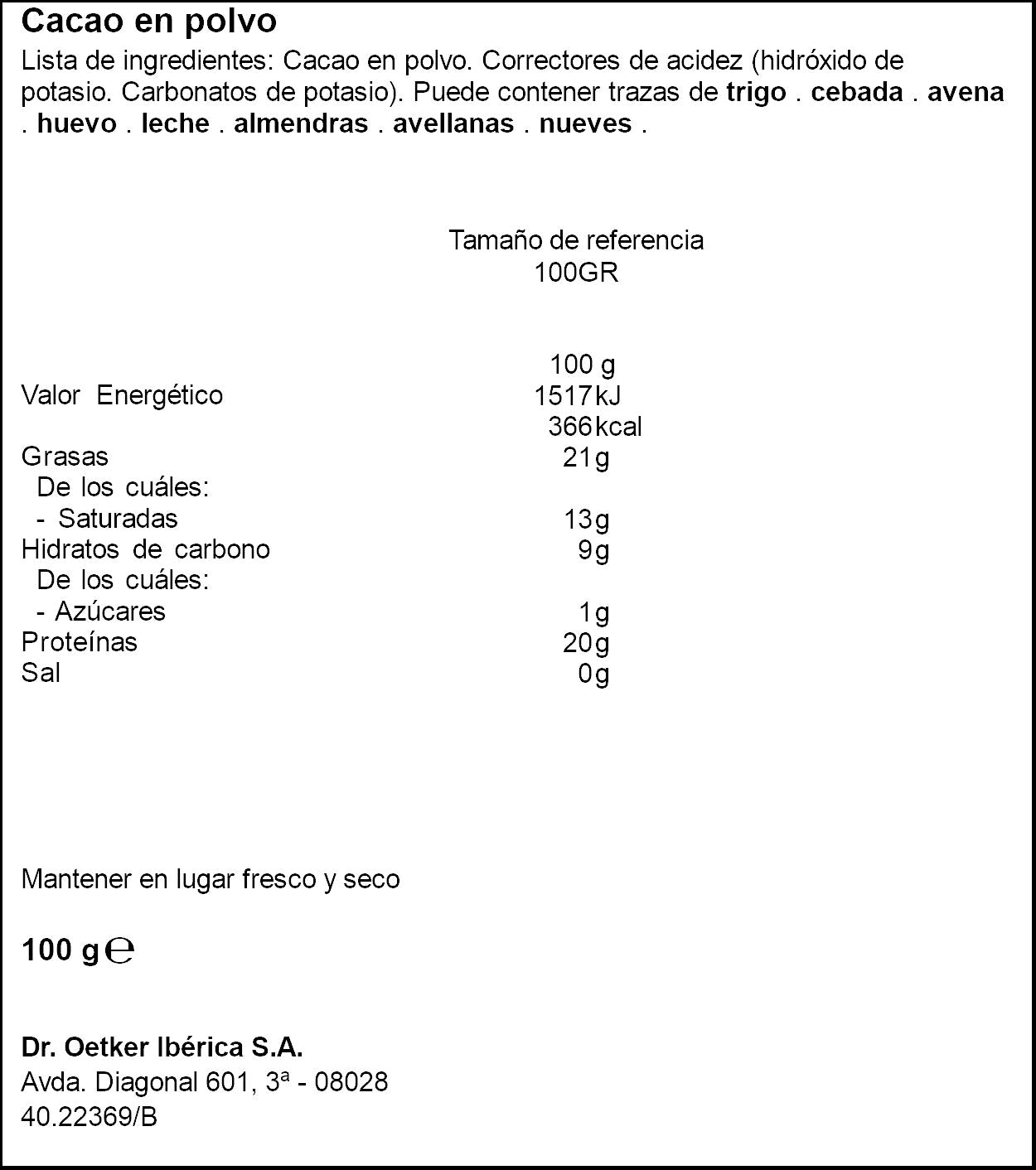 Cacao en polvo Dr oetker 100g
