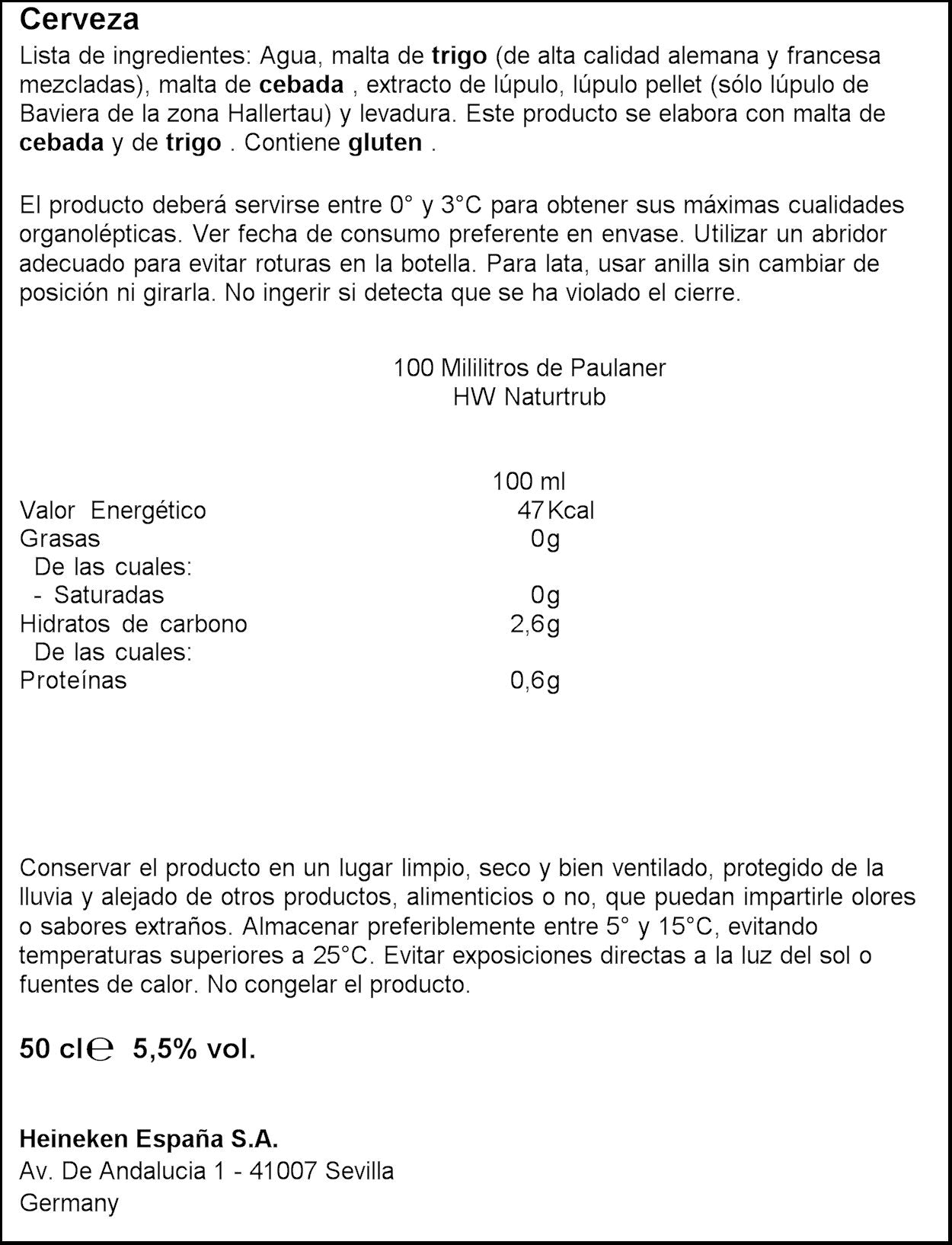 Cerveza especial cristal Paulaner weissbier 550ml