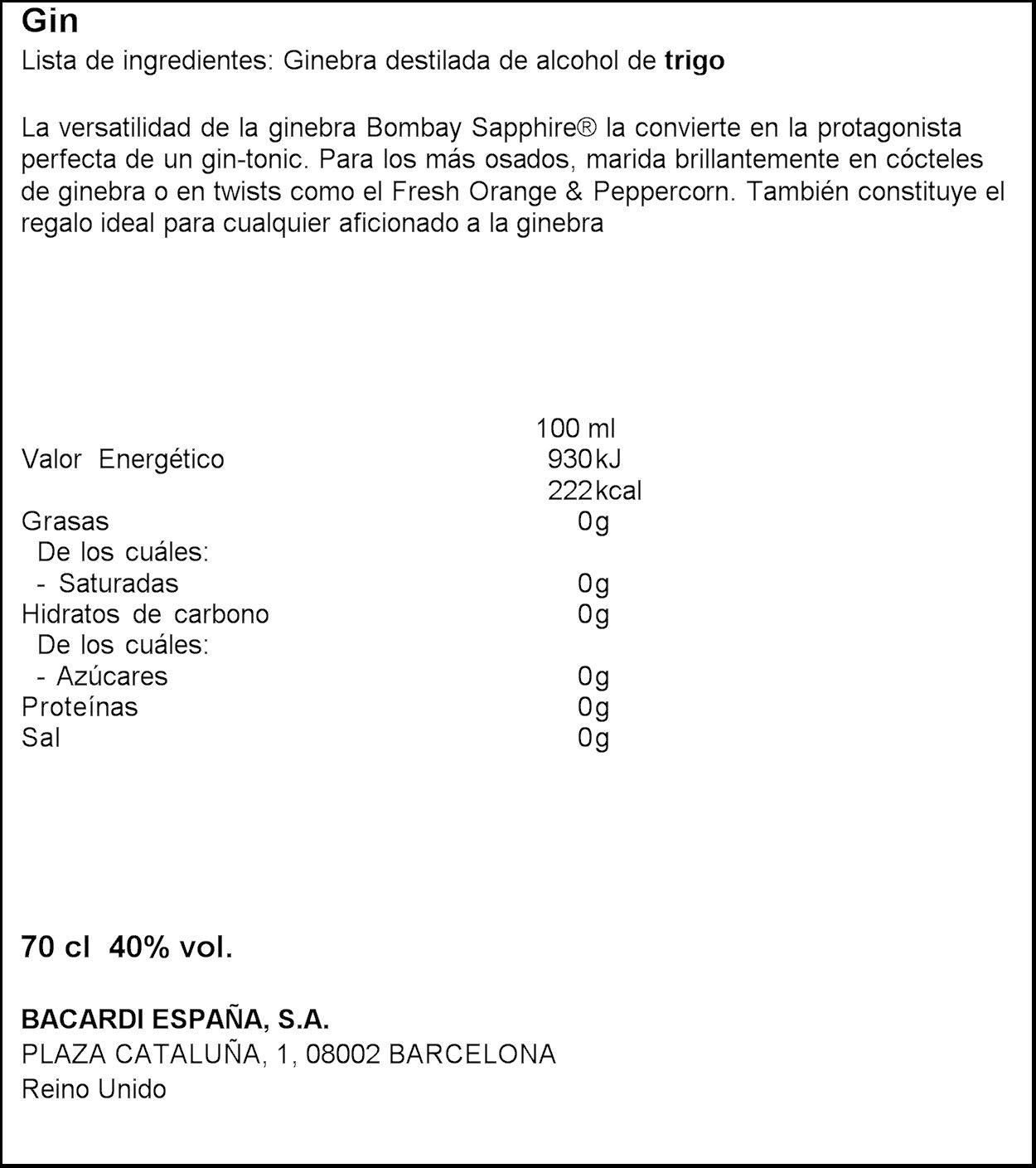 Ginebra  Bombay sapphire 700ml
