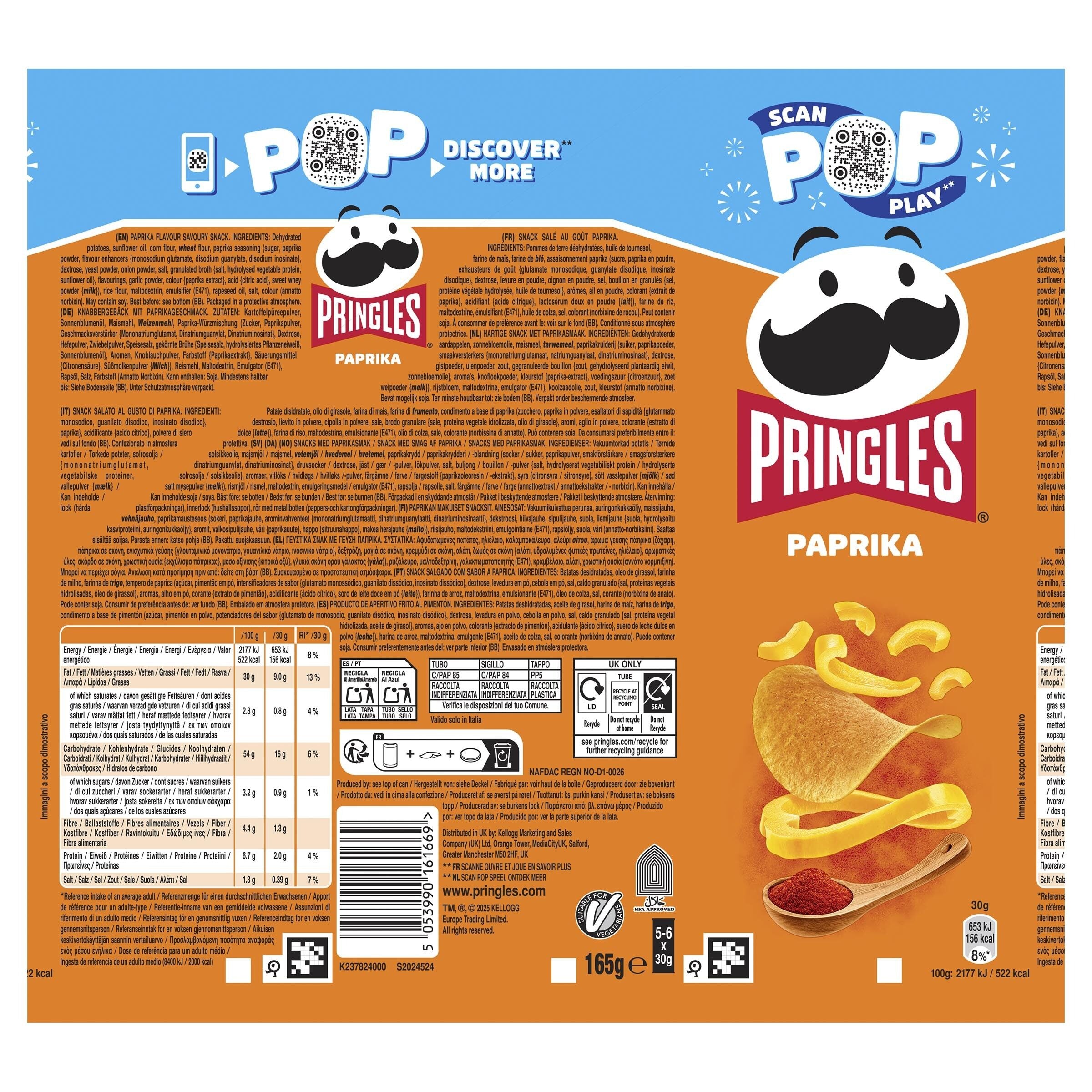 Patatas fritas paprika bote Pringles 165g
