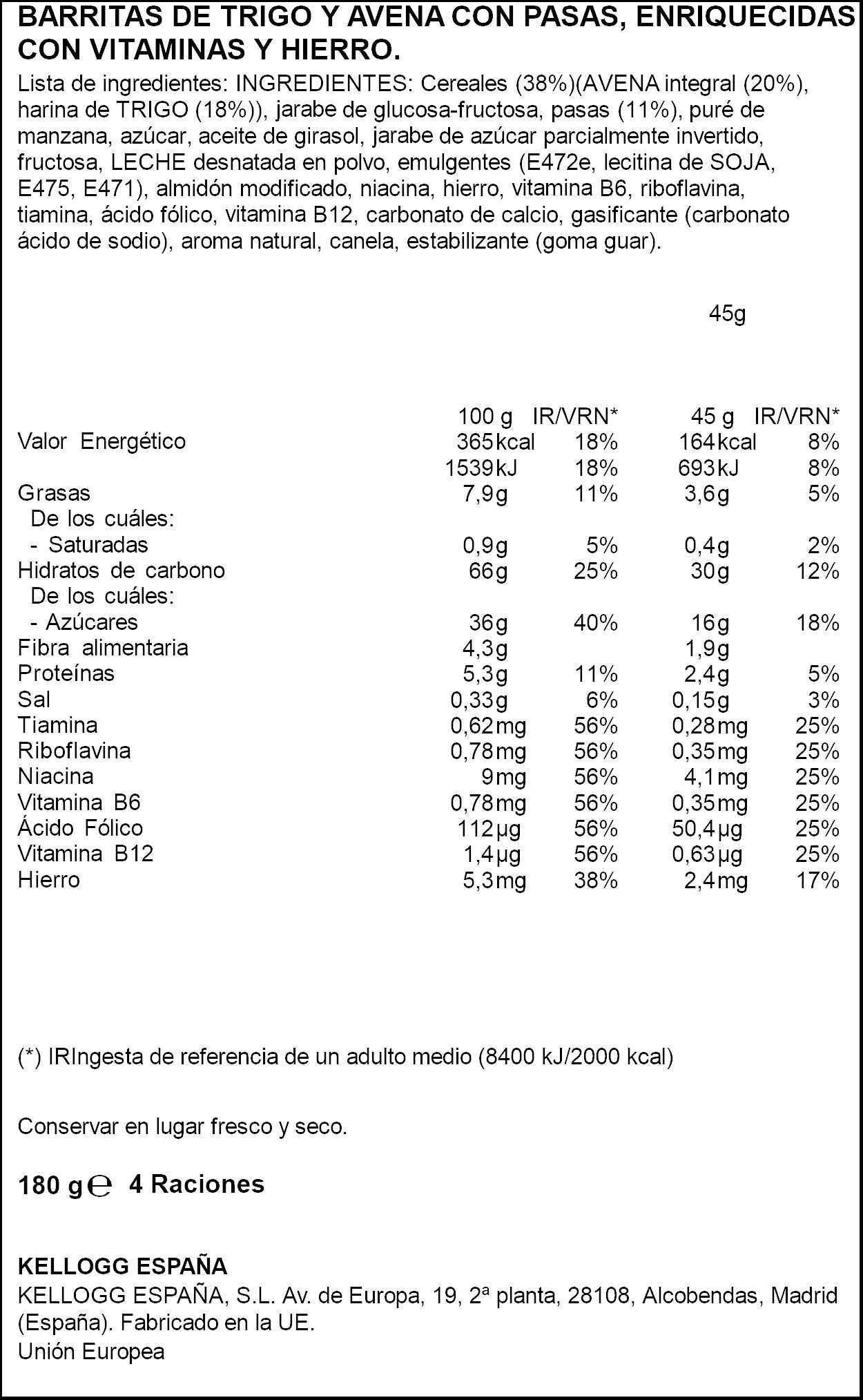 Barrita bizcochito avena c/pasas all bram Kelloggs p4 45g/u