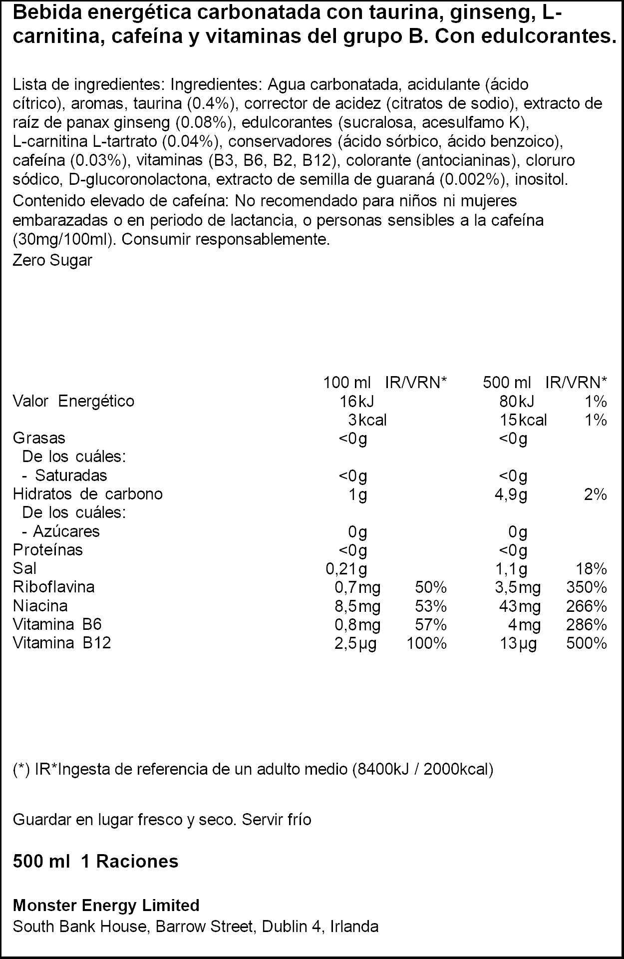 Bebida energética zero energy Monster 500ml