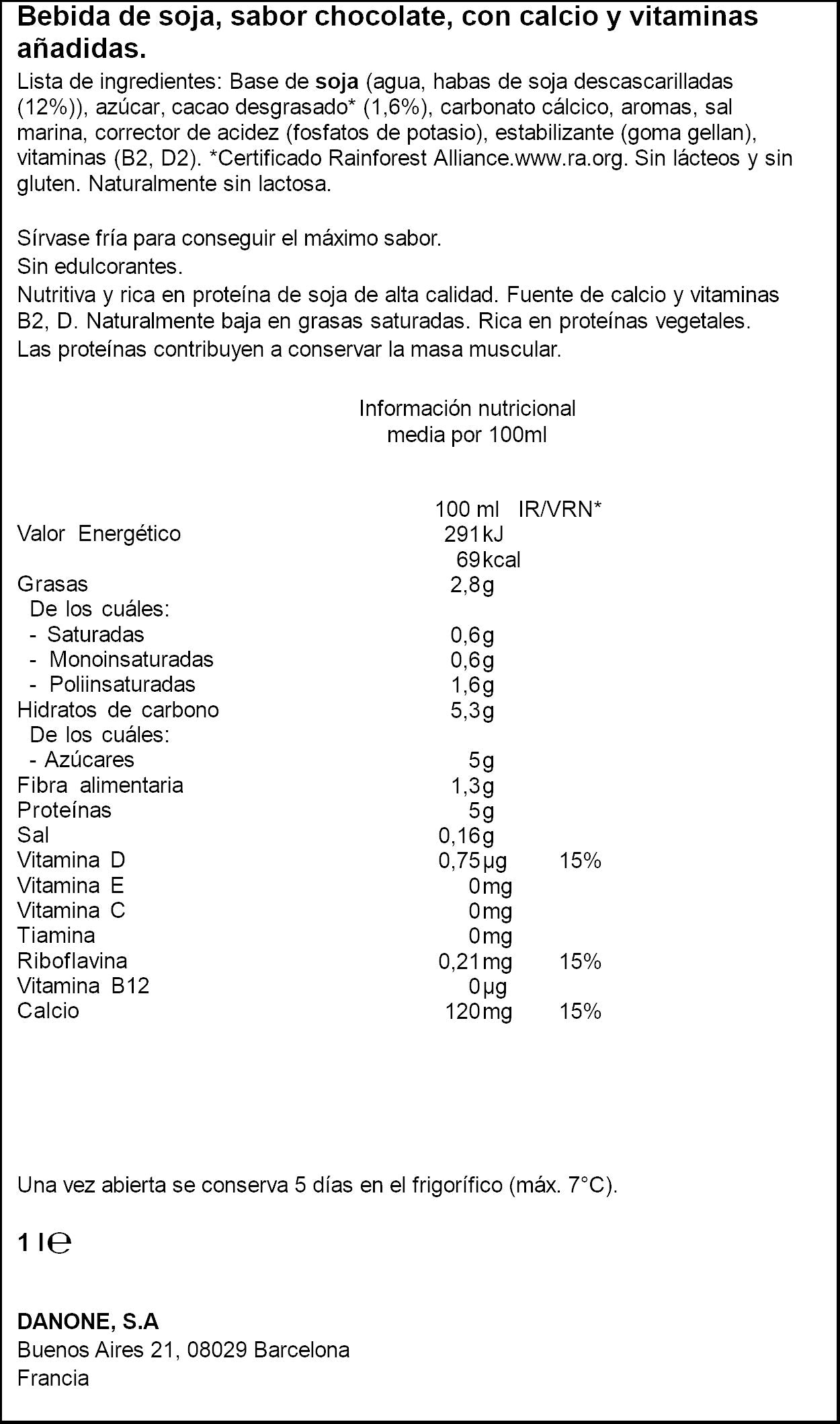 Bebida vegetal  de soja chocolate  proteinas Alpro 1l