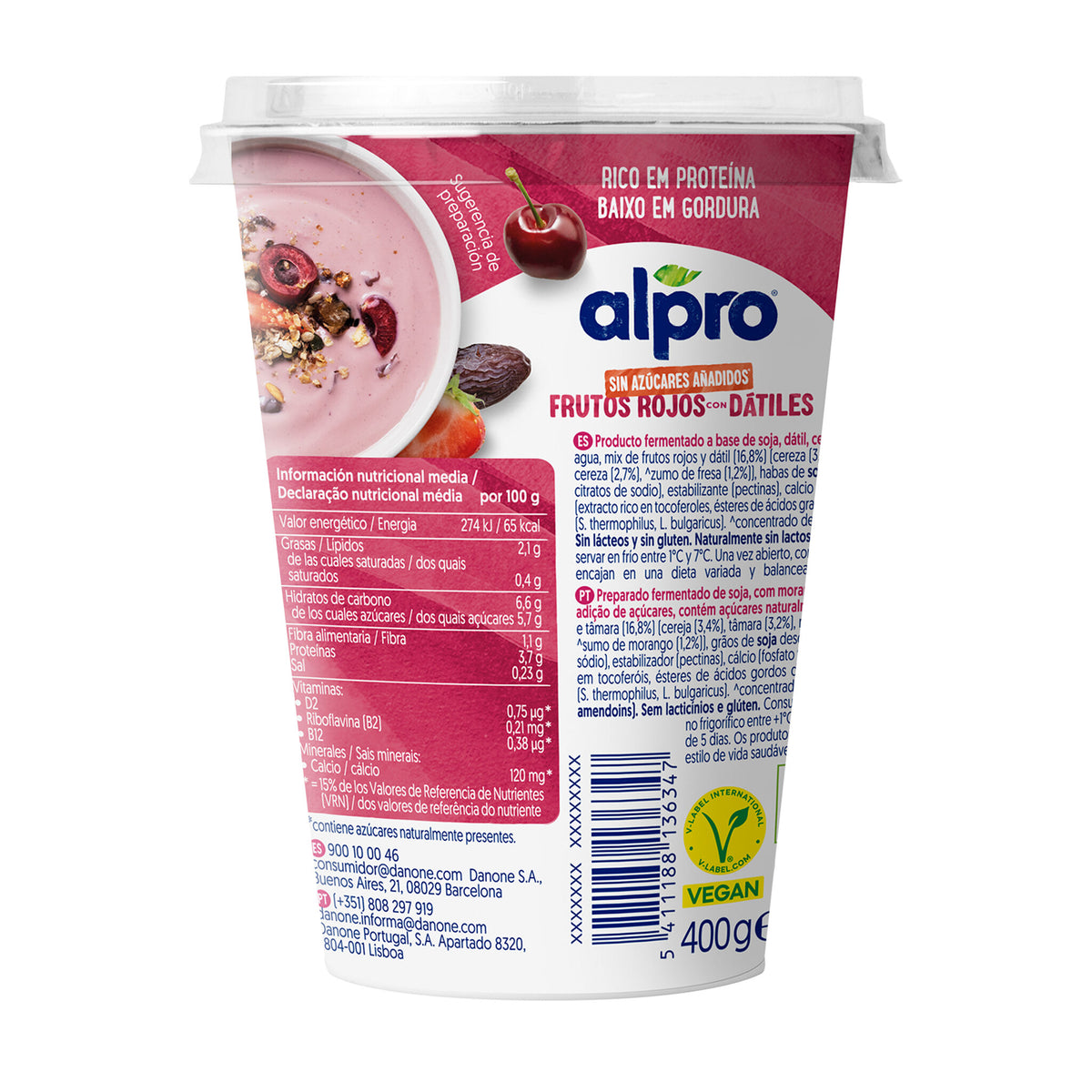 Yogur soja frutos roj/datil Alpro Danone 400g