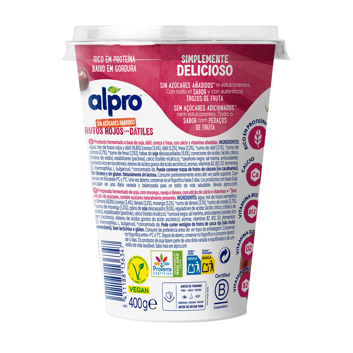 Yogur soja frutos roj/datil Alpro Danone 400g