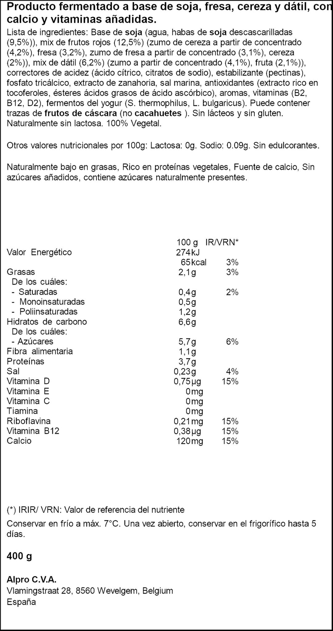 Yogur soja frutos roj/datil Alpro Danone 400g