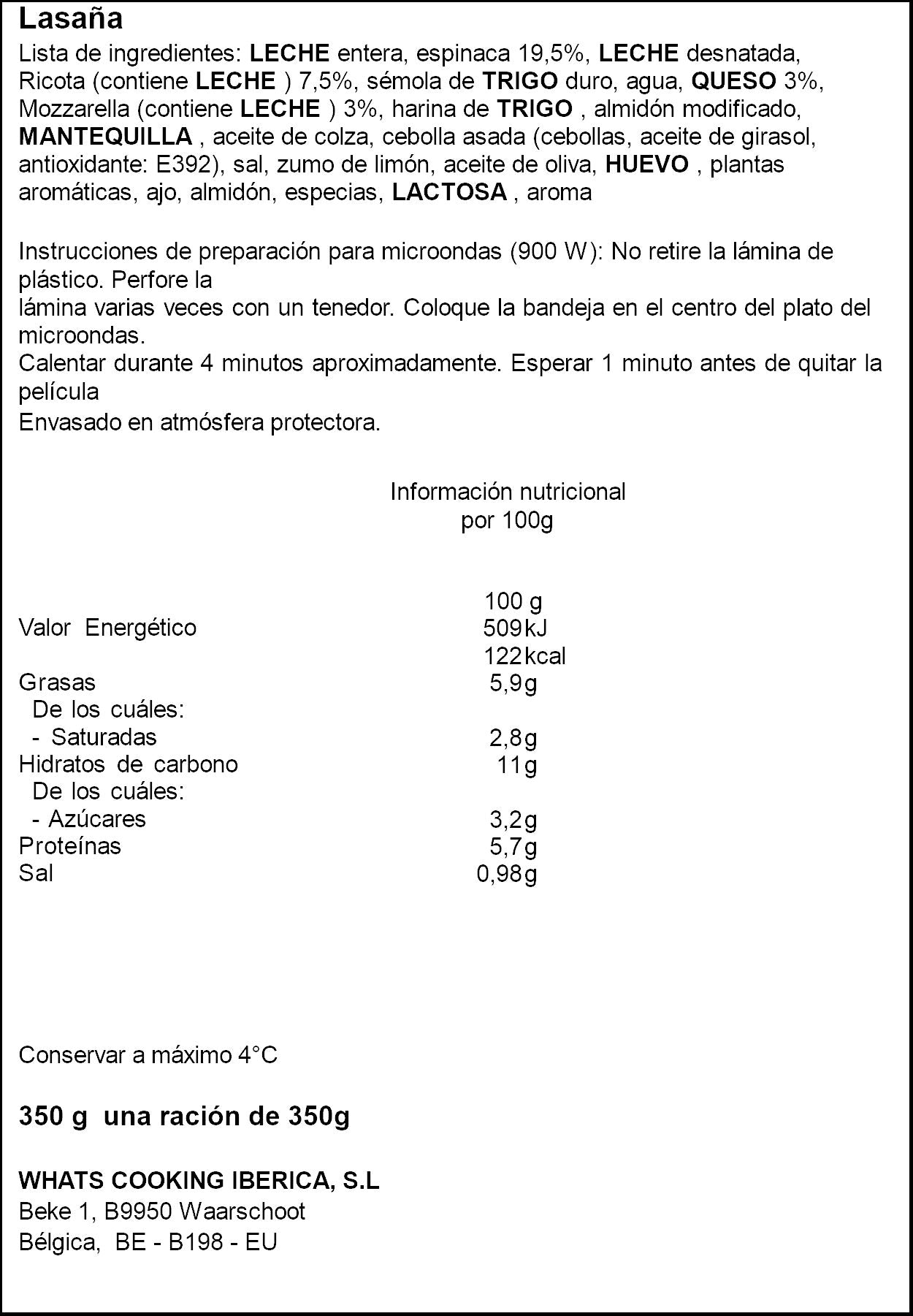 Lasaña espinaca gratinada Come a casa 350g