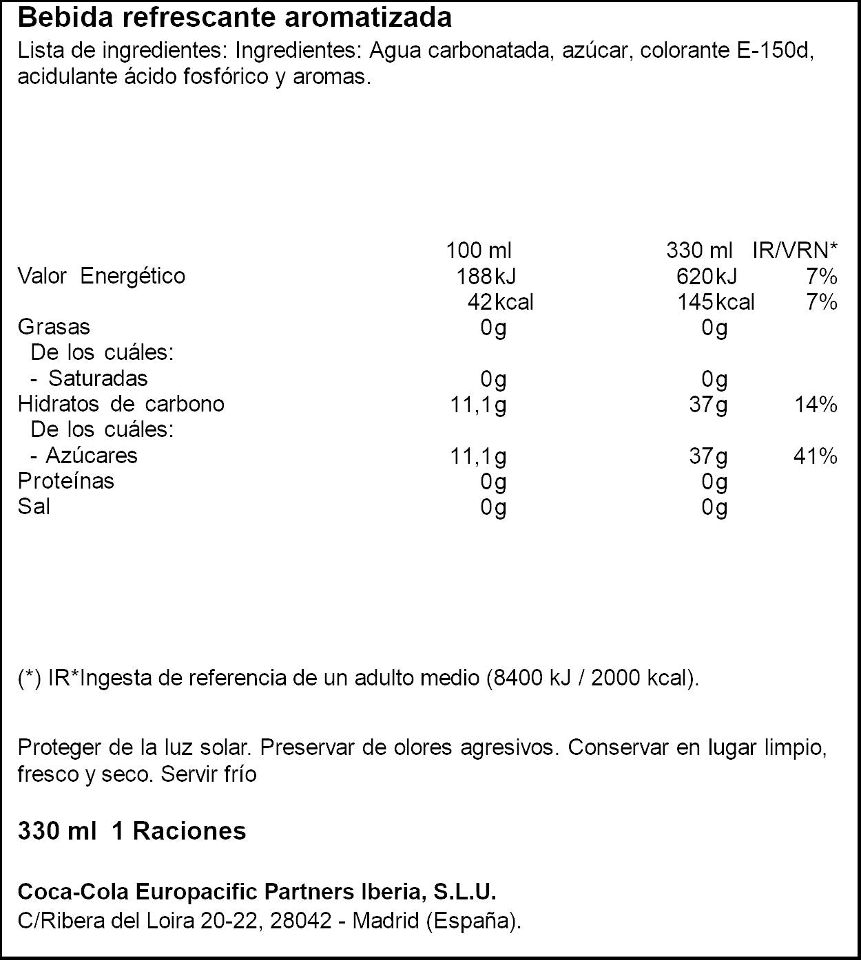 Refresco cola s/cafeína lata Coca cola 330ml