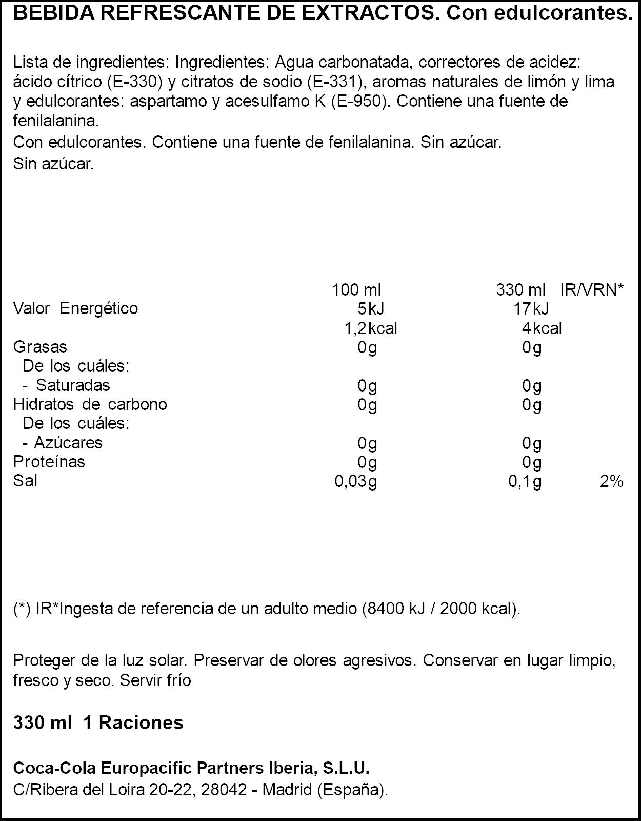 Refresco lima limon zero fresh lata Sprite 330ml