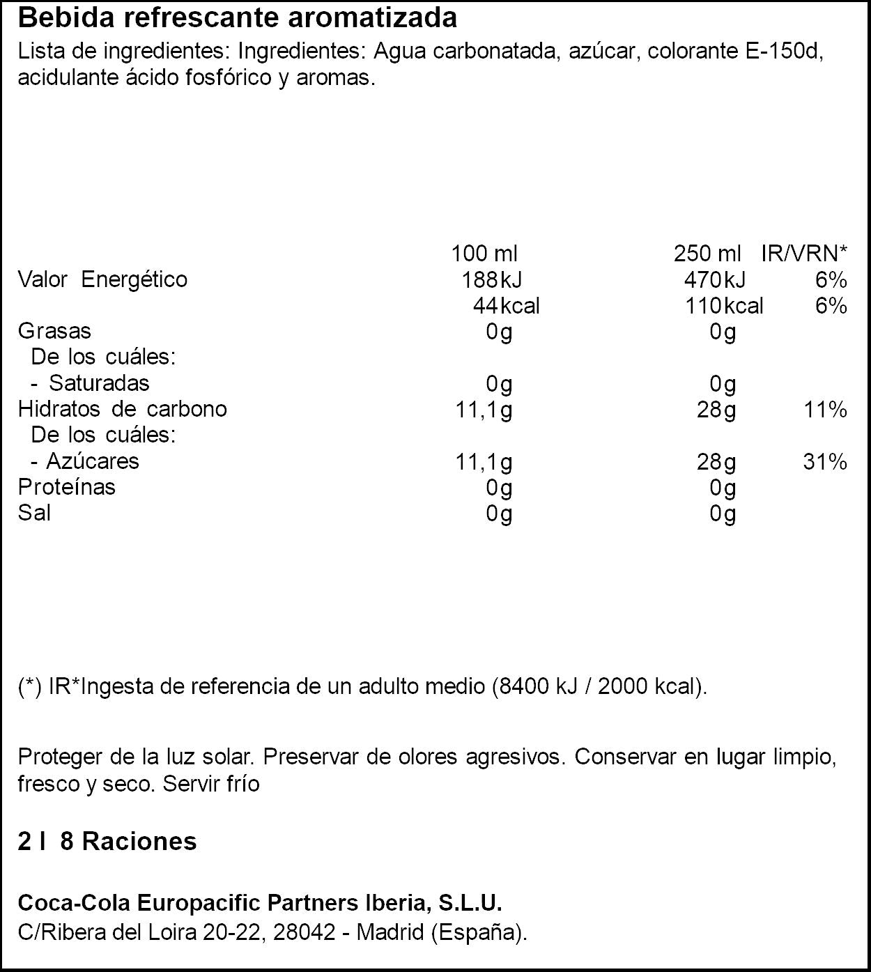 Refresco cola s/cafeína Coca cola 2l