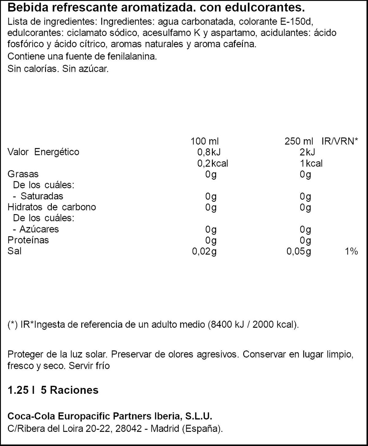 Bebida refrescante light pet Coca cola 1.25l