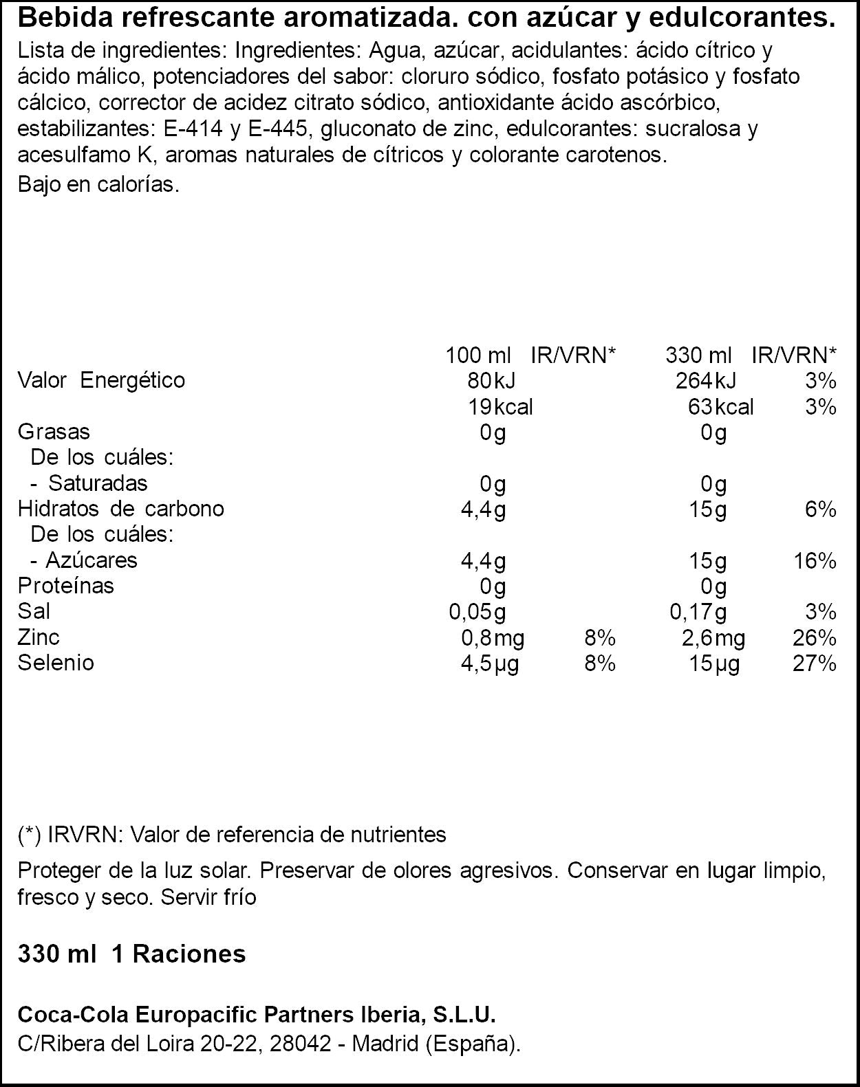 Bebida isotónica naranja lata Aquarius 330ml