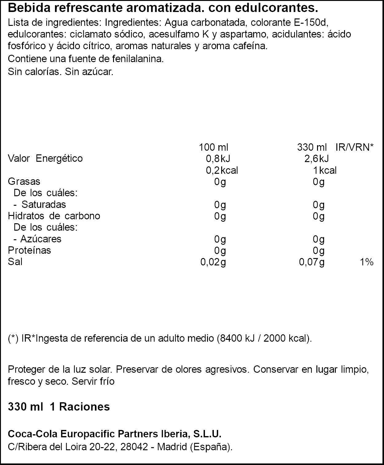 Refresco cola light lata Coca cola 330ml