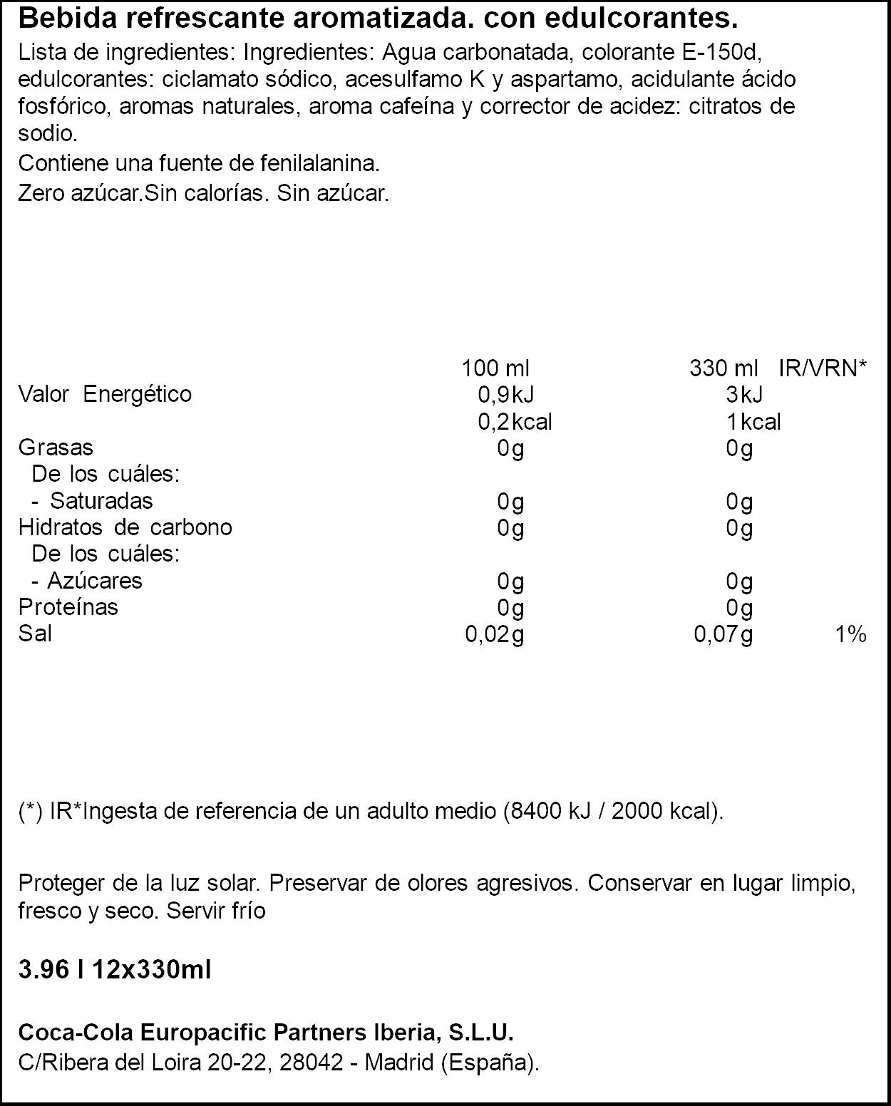Refresco cola s/azuc s/caf lata Coca cola p12 330ml/u