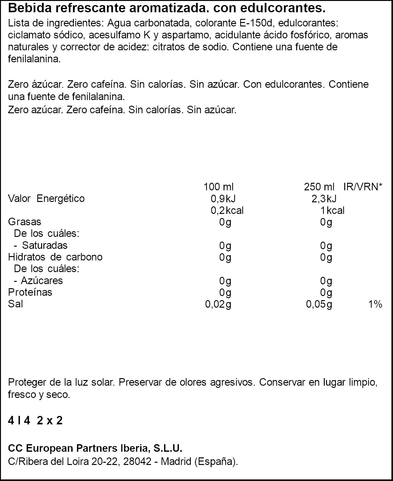 Refresco cola s/azúcar s/cafeína Coca cola p2 2l/u
