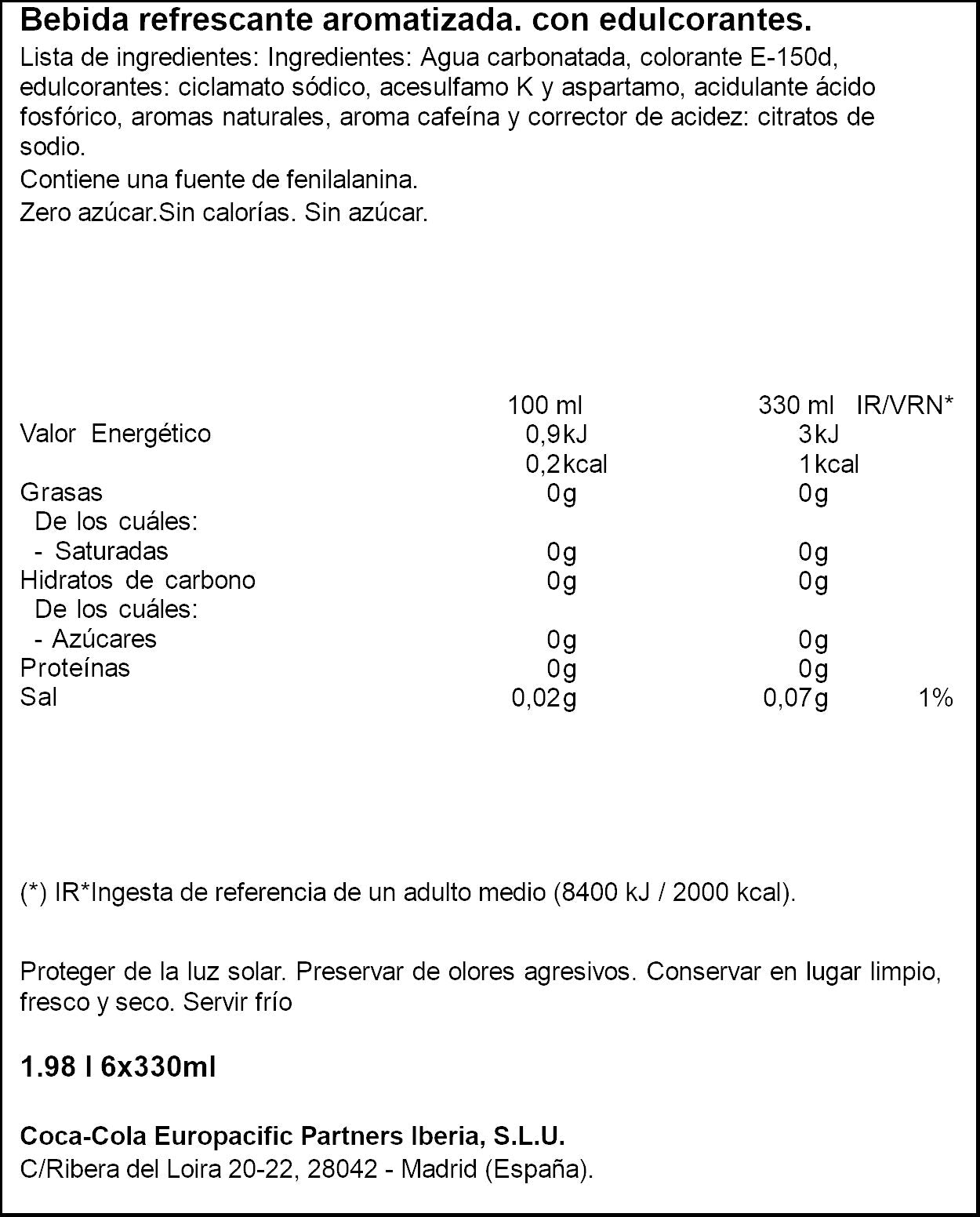 Refresco cola s/azúcar lata Coca cola zero p6 33cl/u