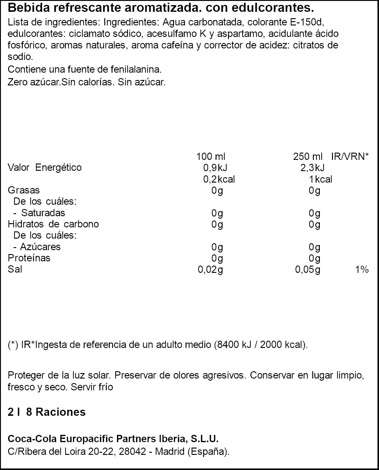 Refresco cola s/azúcar Coca cola zero 2l