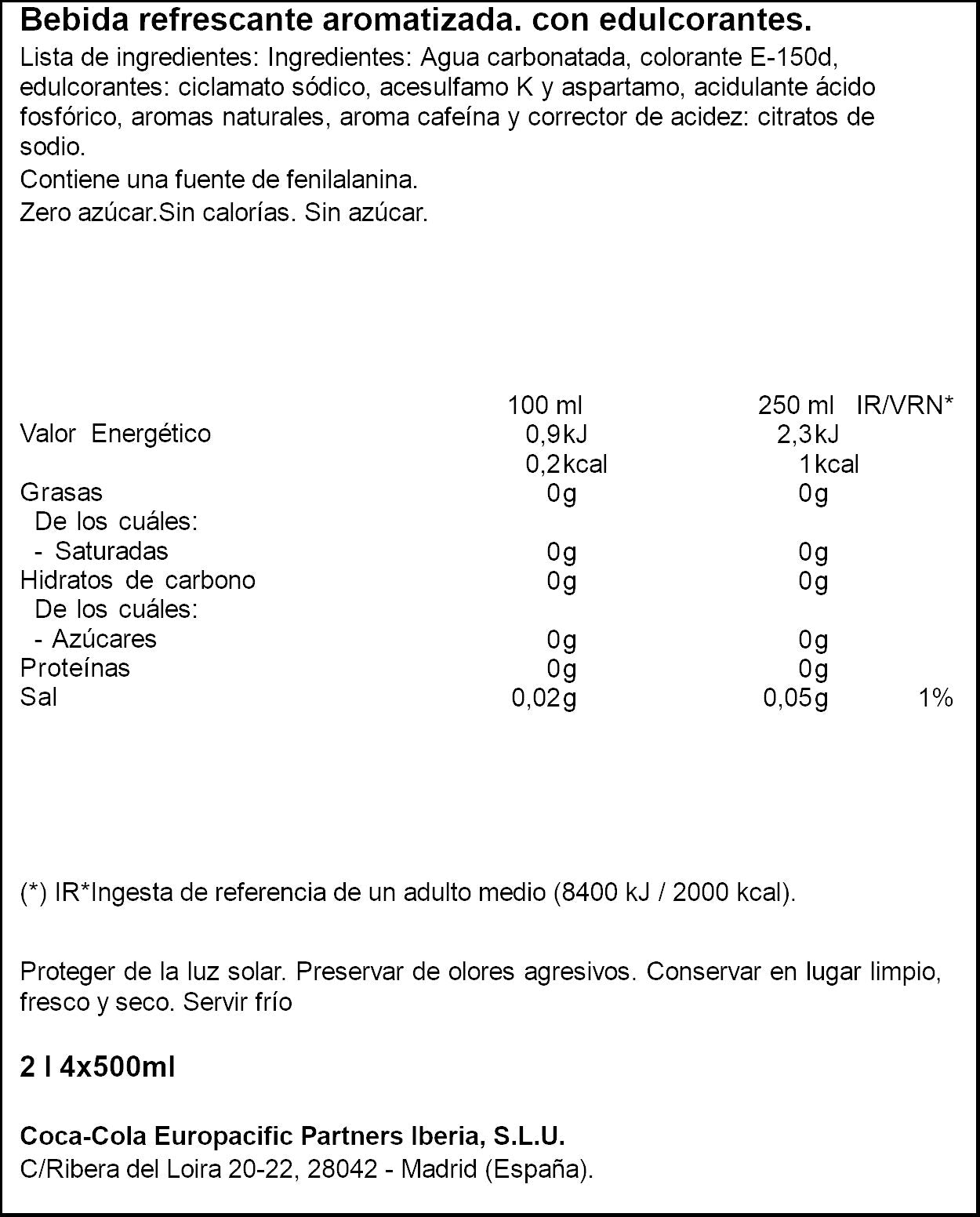 Refresco zero pet Coca cola p4 500ml/u