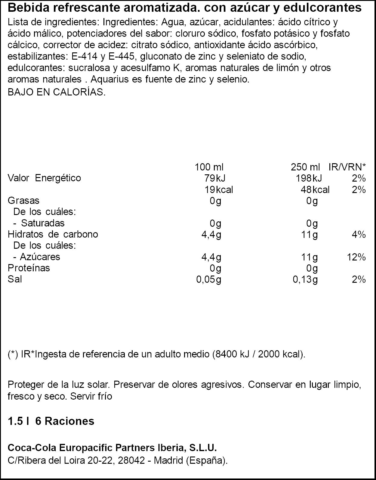 Bebida isotónica limón Aquarius 1.5l