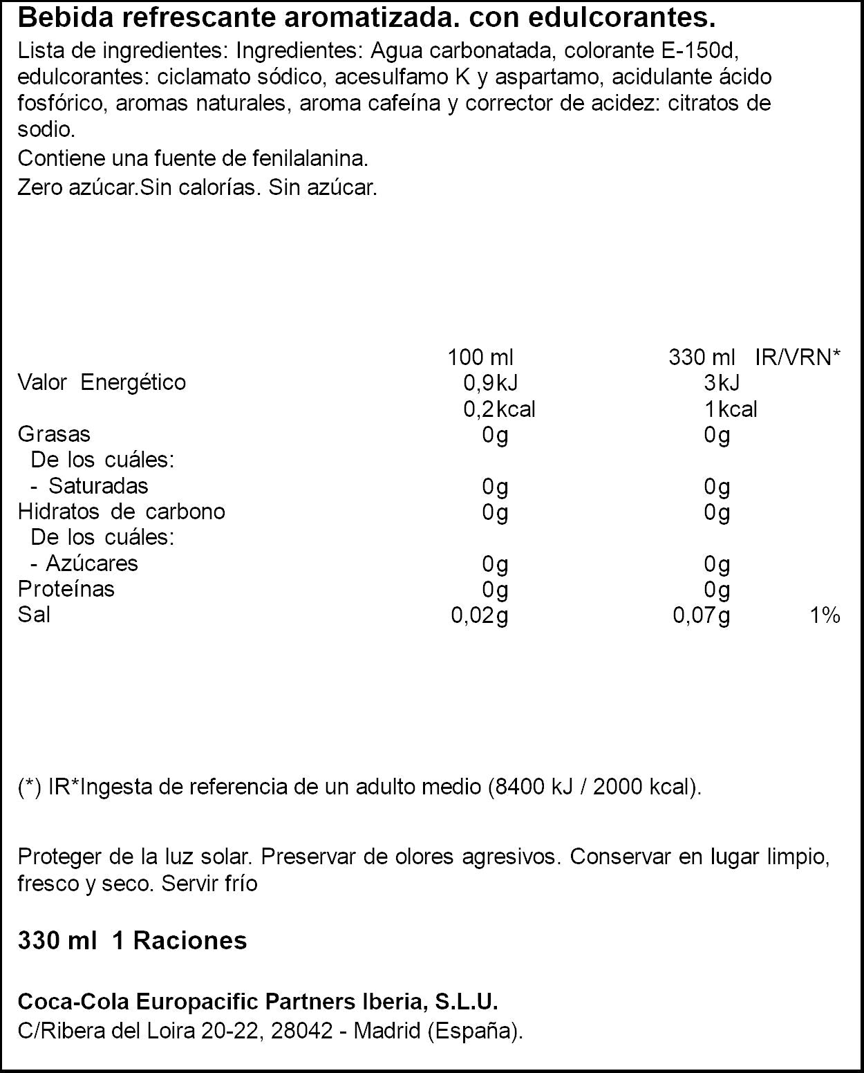 Bebida refrescante cola s/azúcar s/cafeína lata Coca cola 330ml