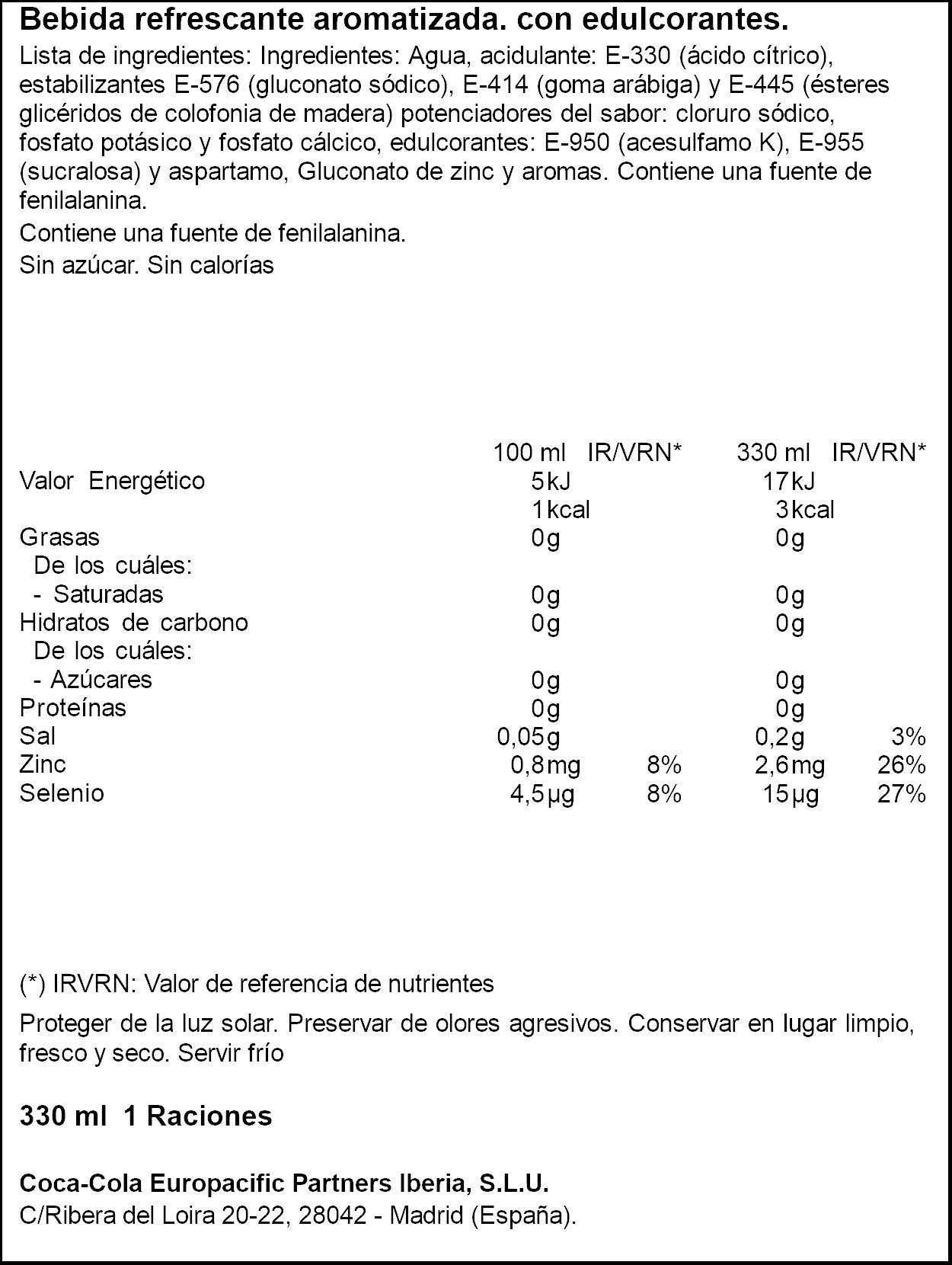 Bebida isotónica limón s/azúcar lata Aquarius zero 330ml