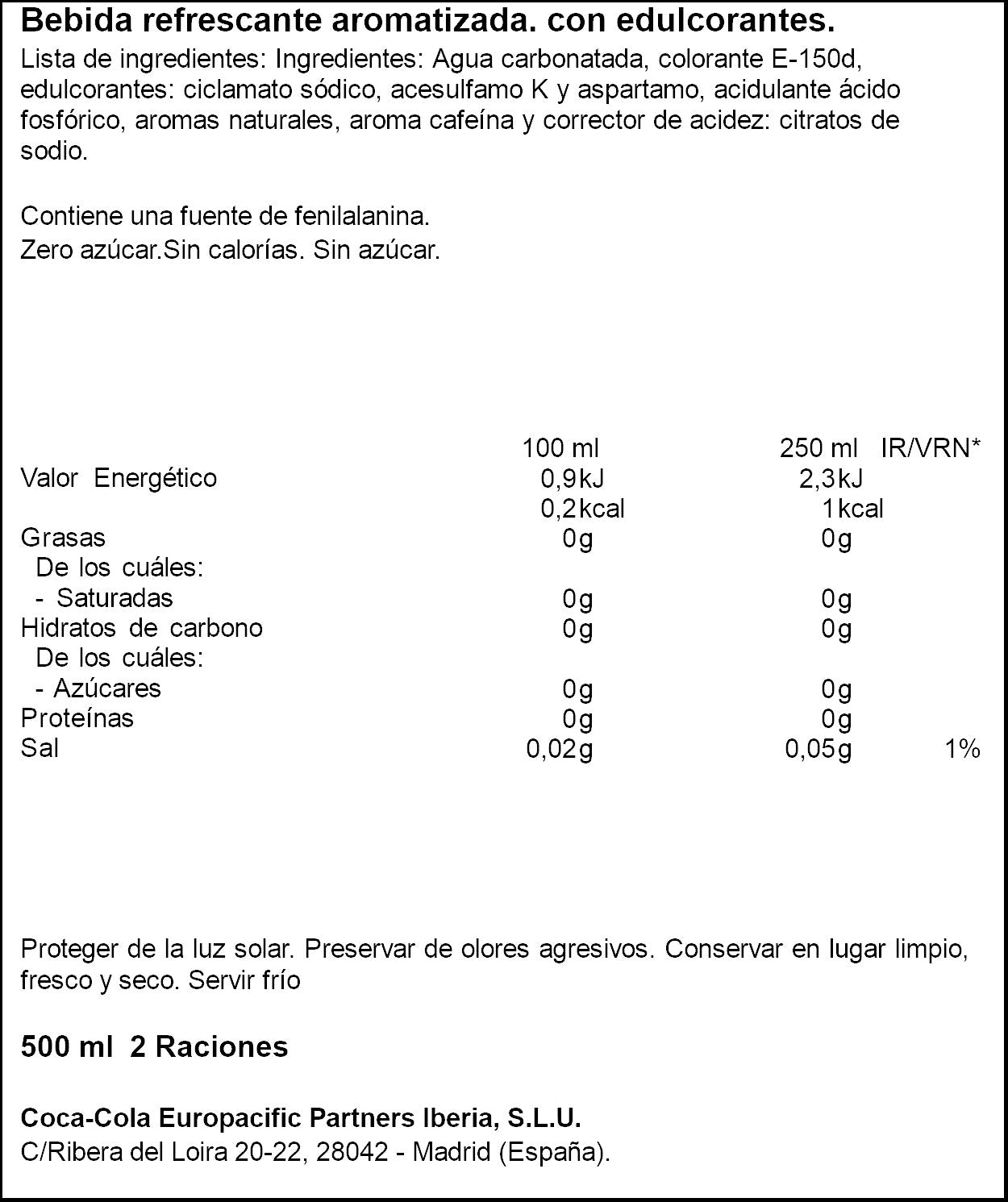 Refresco cola s/azúcar s/cafeína Coca cola zero zero 500ml